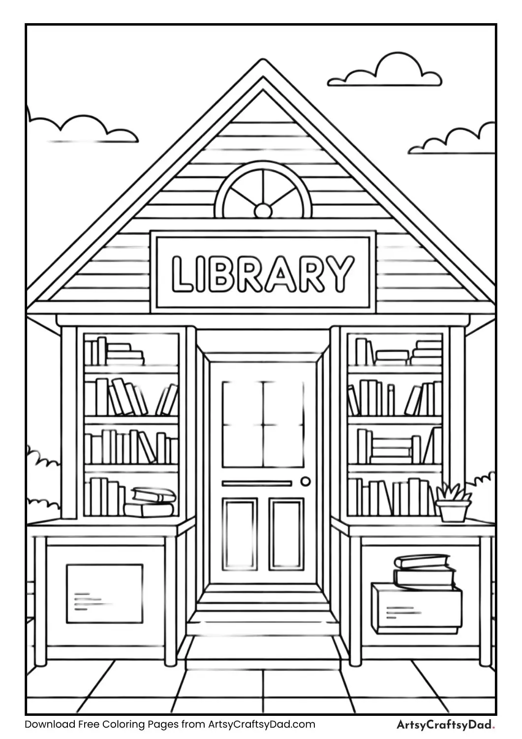 Easy library coloring page with book sign and label library