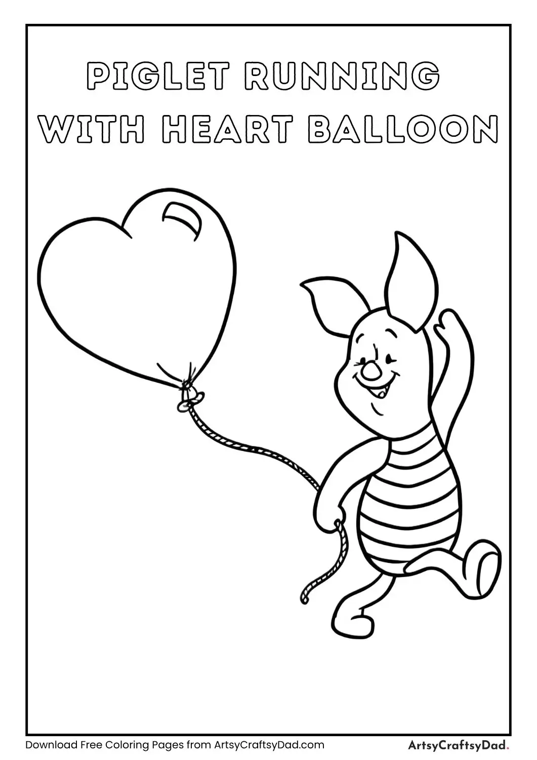 Black and white drawing of Piglet running while holding a heart-shaped balloon for coloring.