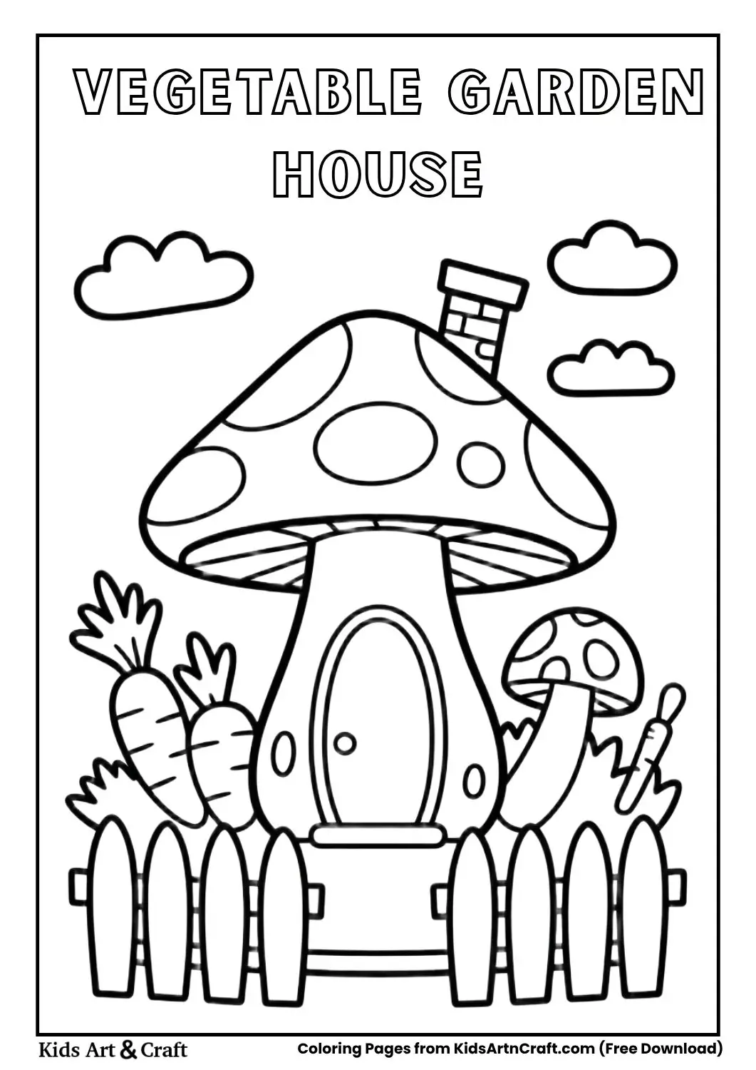 Simple vegetable house in a garden black and white coloring page for children