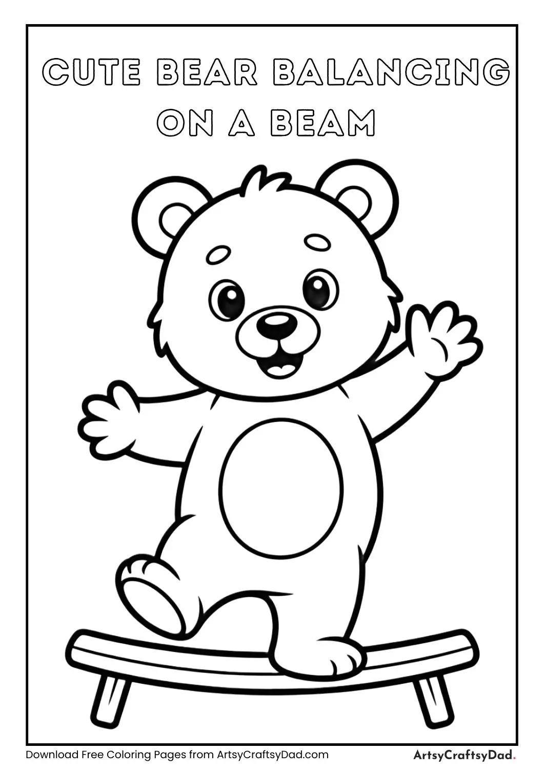 cartoon bear balancing on one paw on a gymnastics beam kids coloring page
