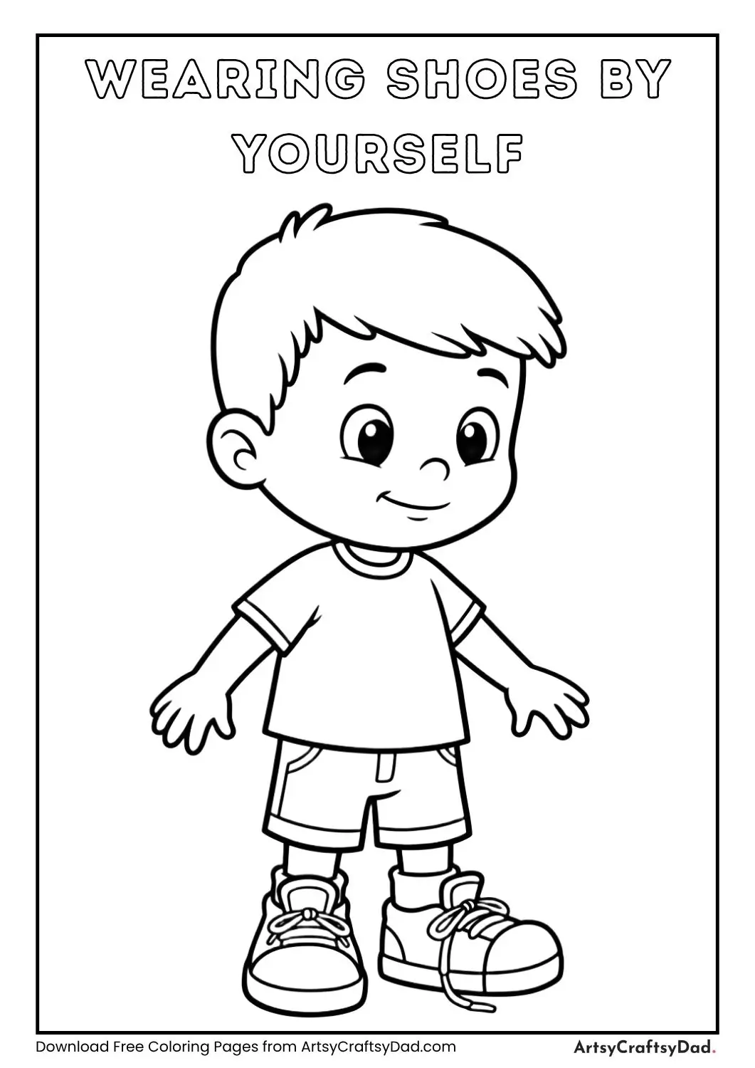 child putting on shoes coloring page