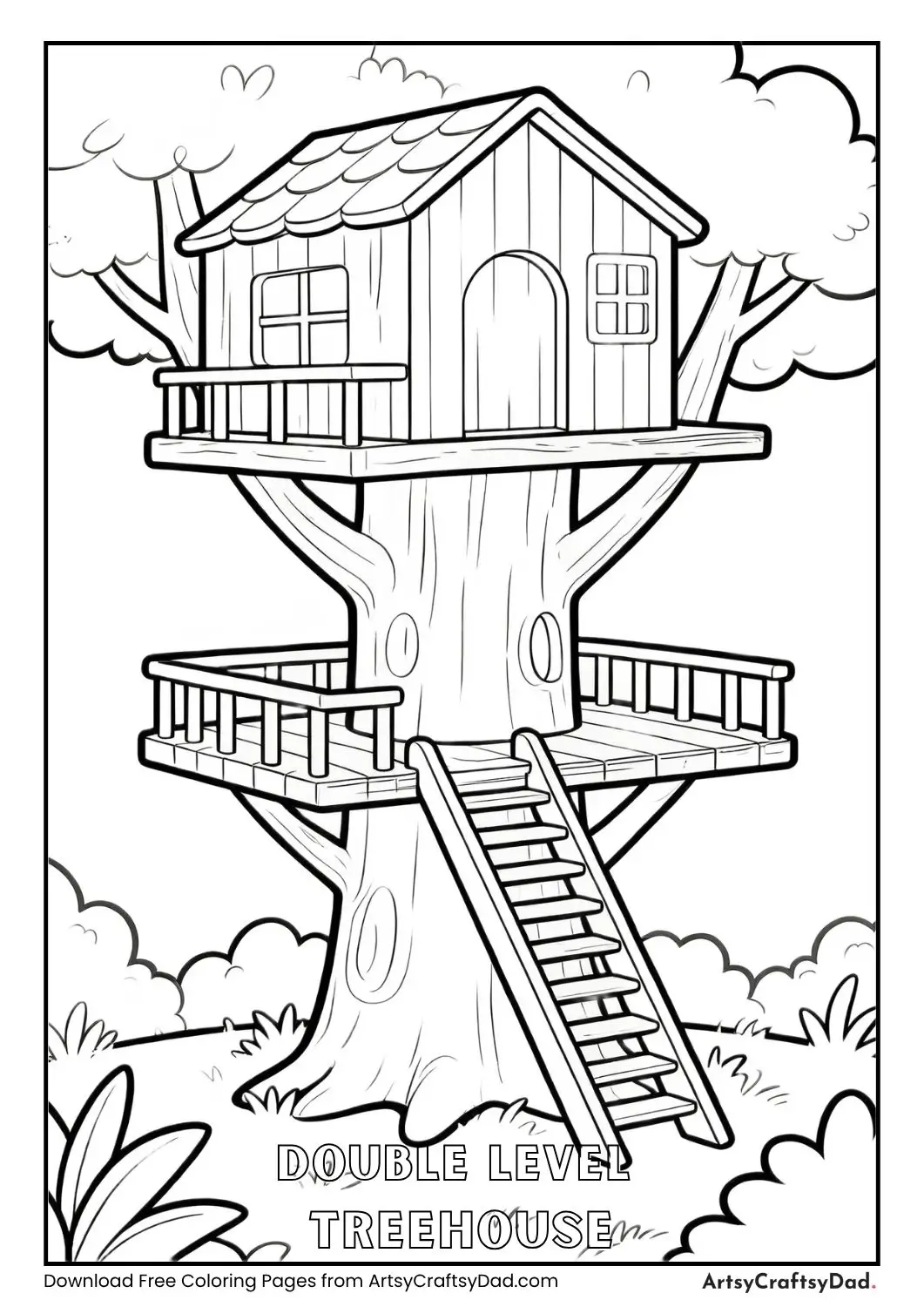 Double level treehouse with stairs coloring page