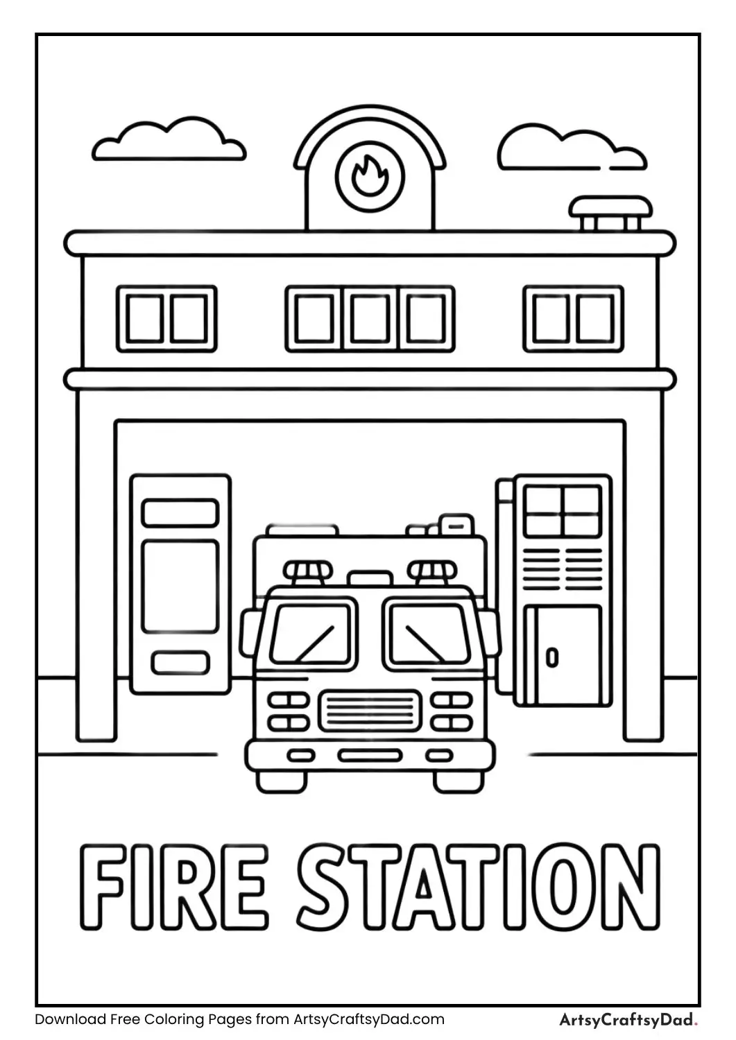 Simple fire station coloring page with fire truck and label fire station for kids