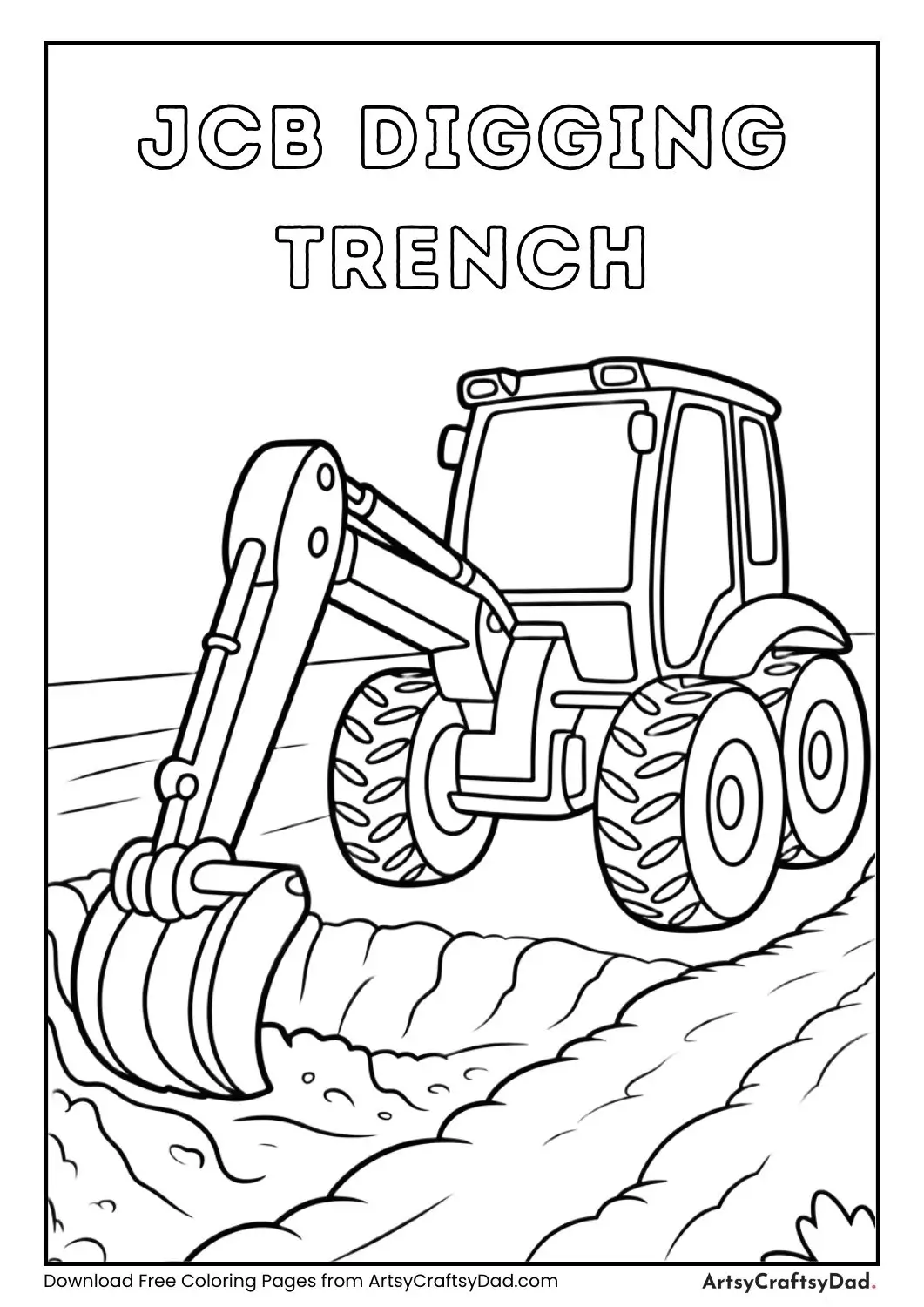 JCB excavator digging a trench black and white coloring page for kids