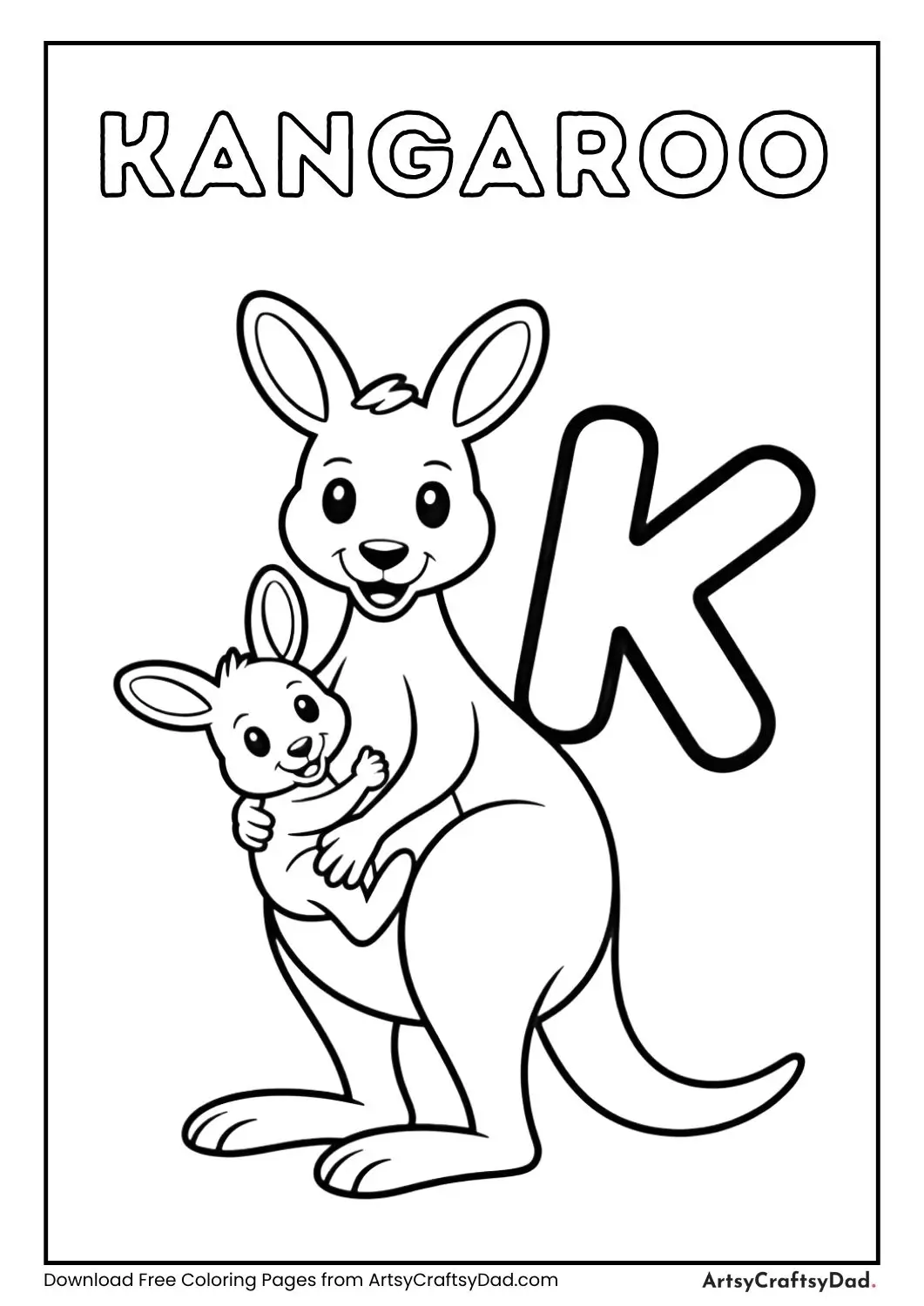Kangaroo holding letter K coloring page