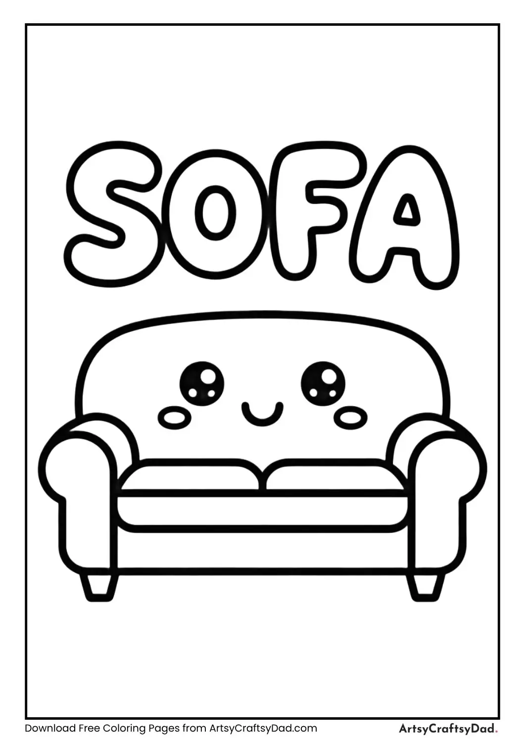 Cute kawaii sofa black and white coloring page with label SOFA