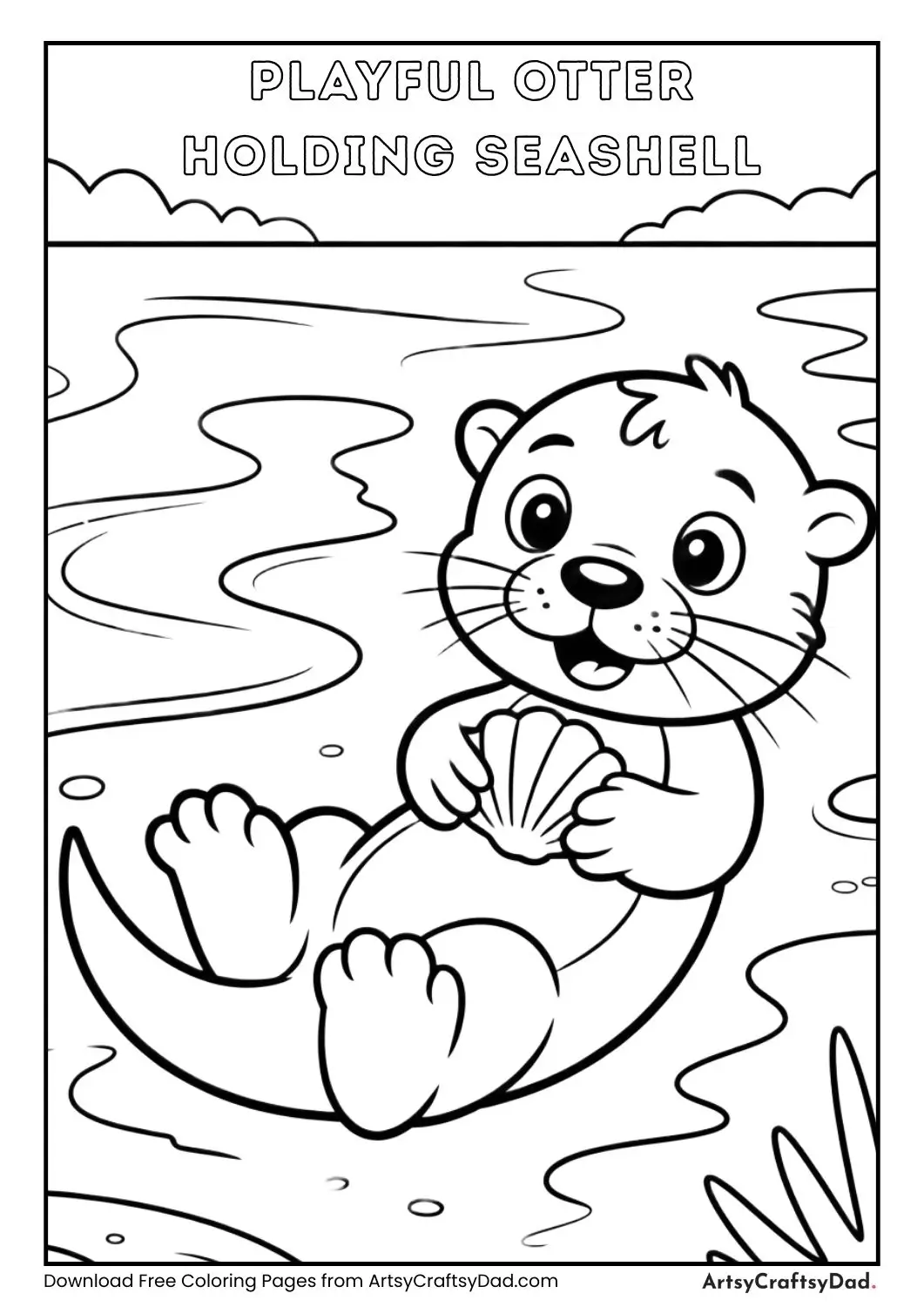 cute otter lying on beach holding seashell coloring page for kids