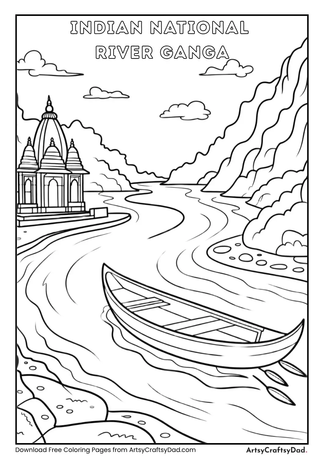 River Ganga black and white coloring page Indian national river for kids