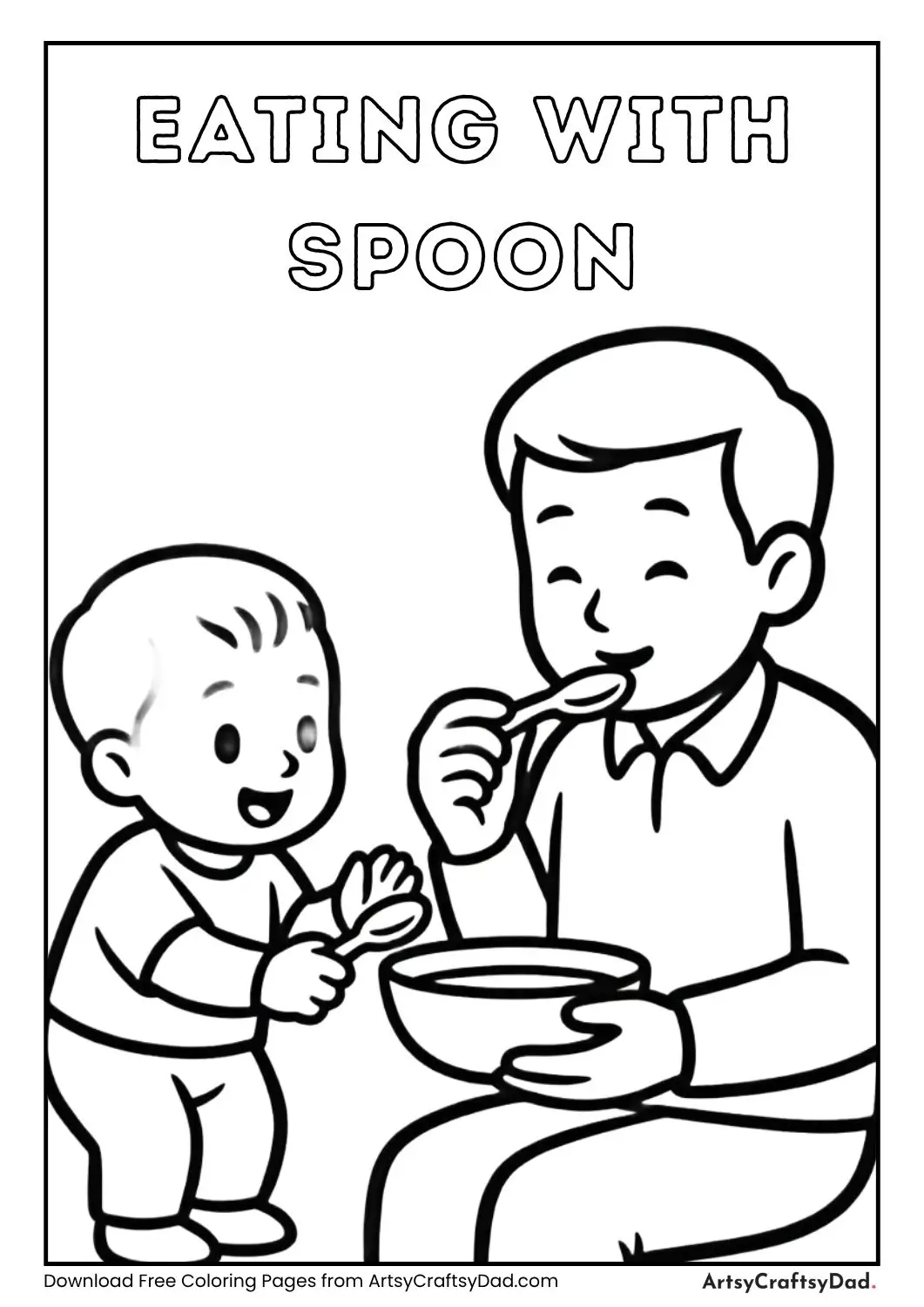 Baby teaching adult eating with spoon coloring page