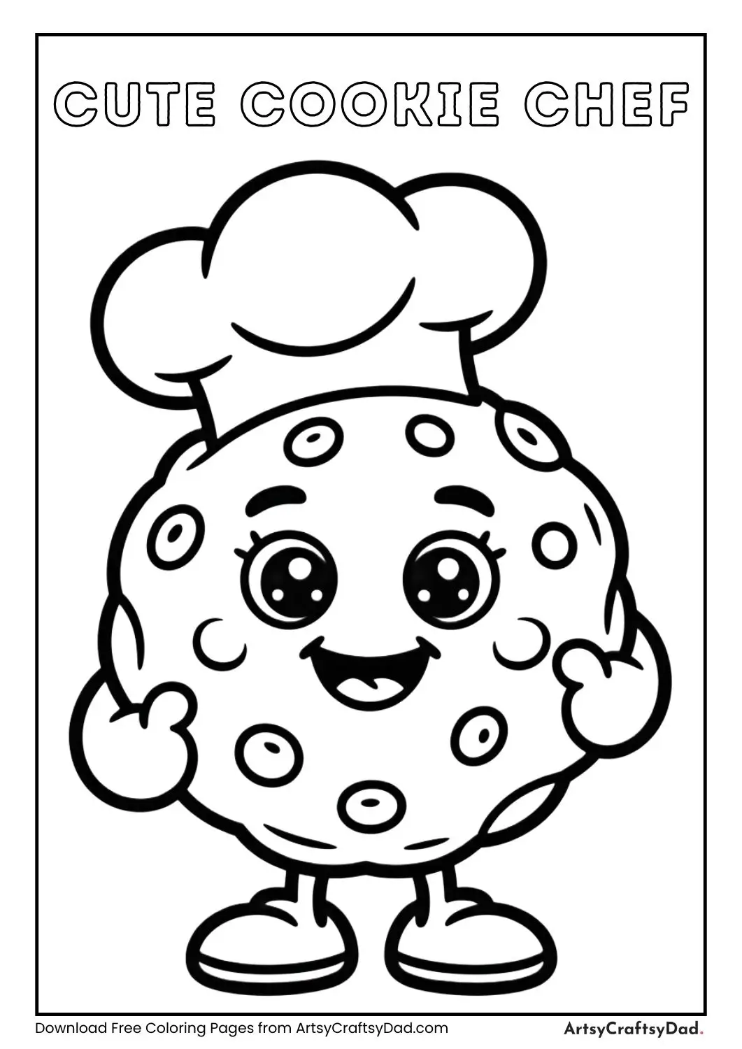 Cute smiling chocolate chip cookie wearing a small chef hat, black and white coloring page.