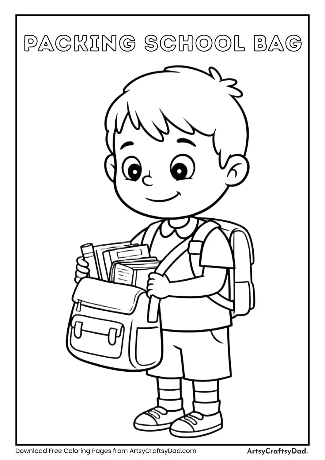 child putting books in school bag coloring page