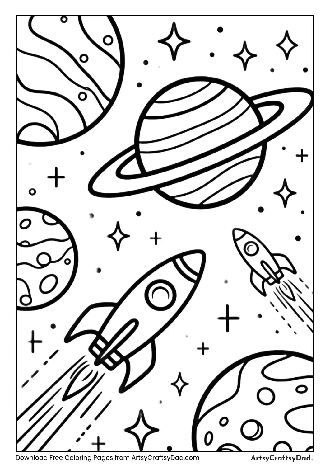 black and white planets rockets stars coloring page