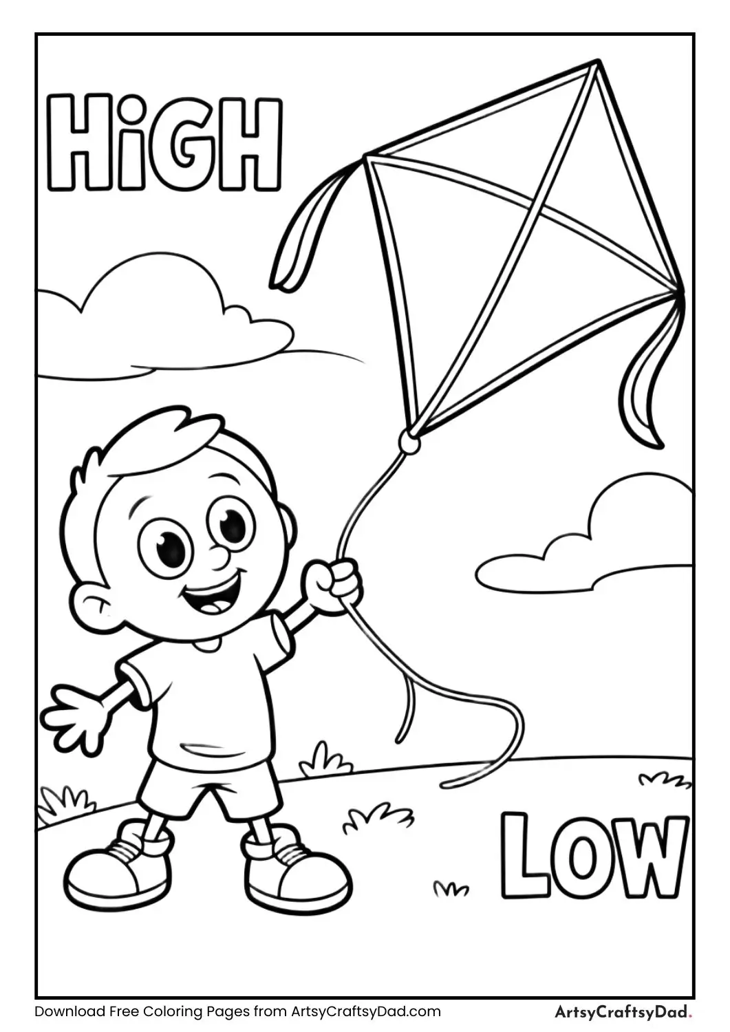 Kite flying high and kite flying low coloring page