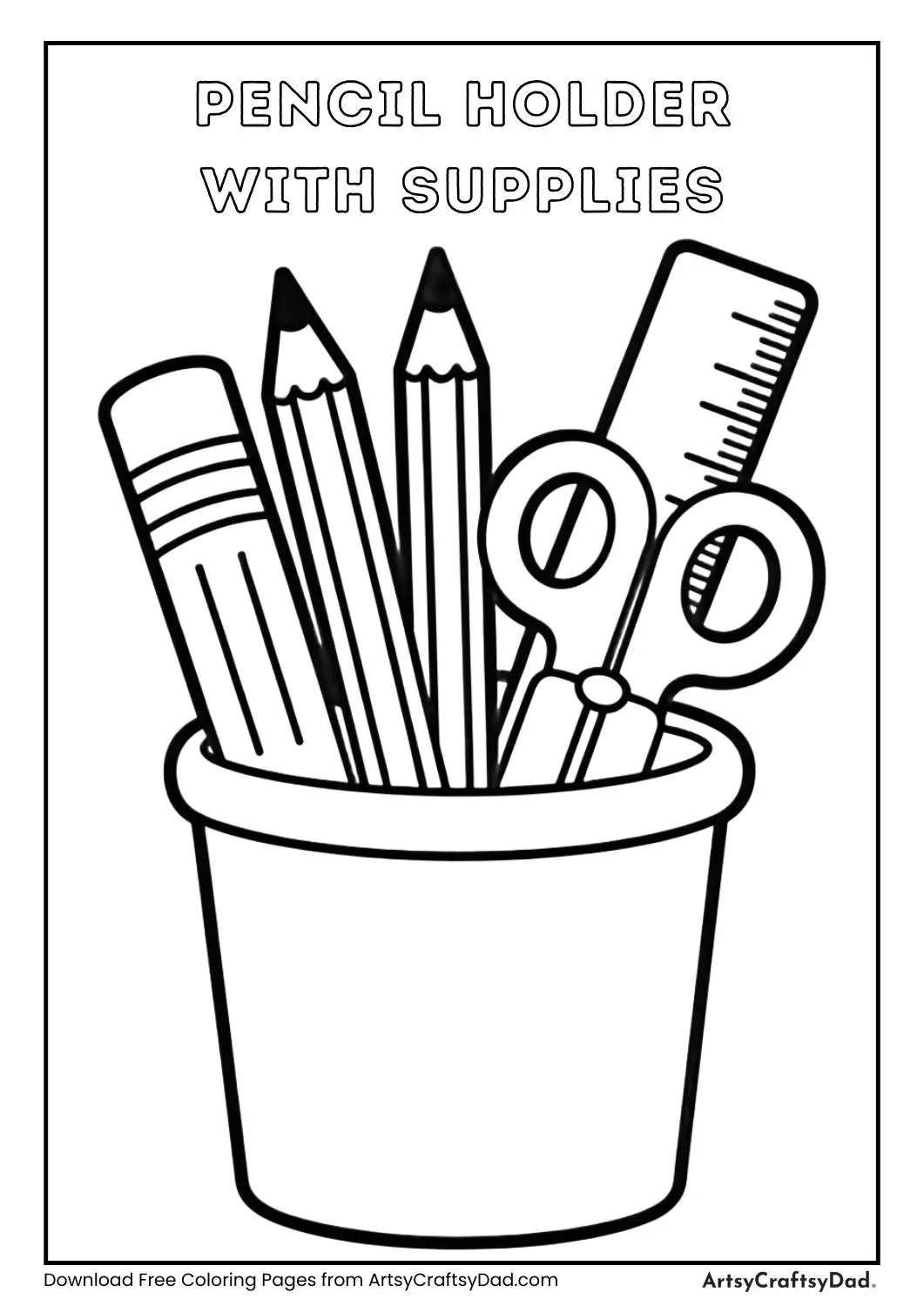 pencil holder filled with pencils scissors and ruler black and white coloring page