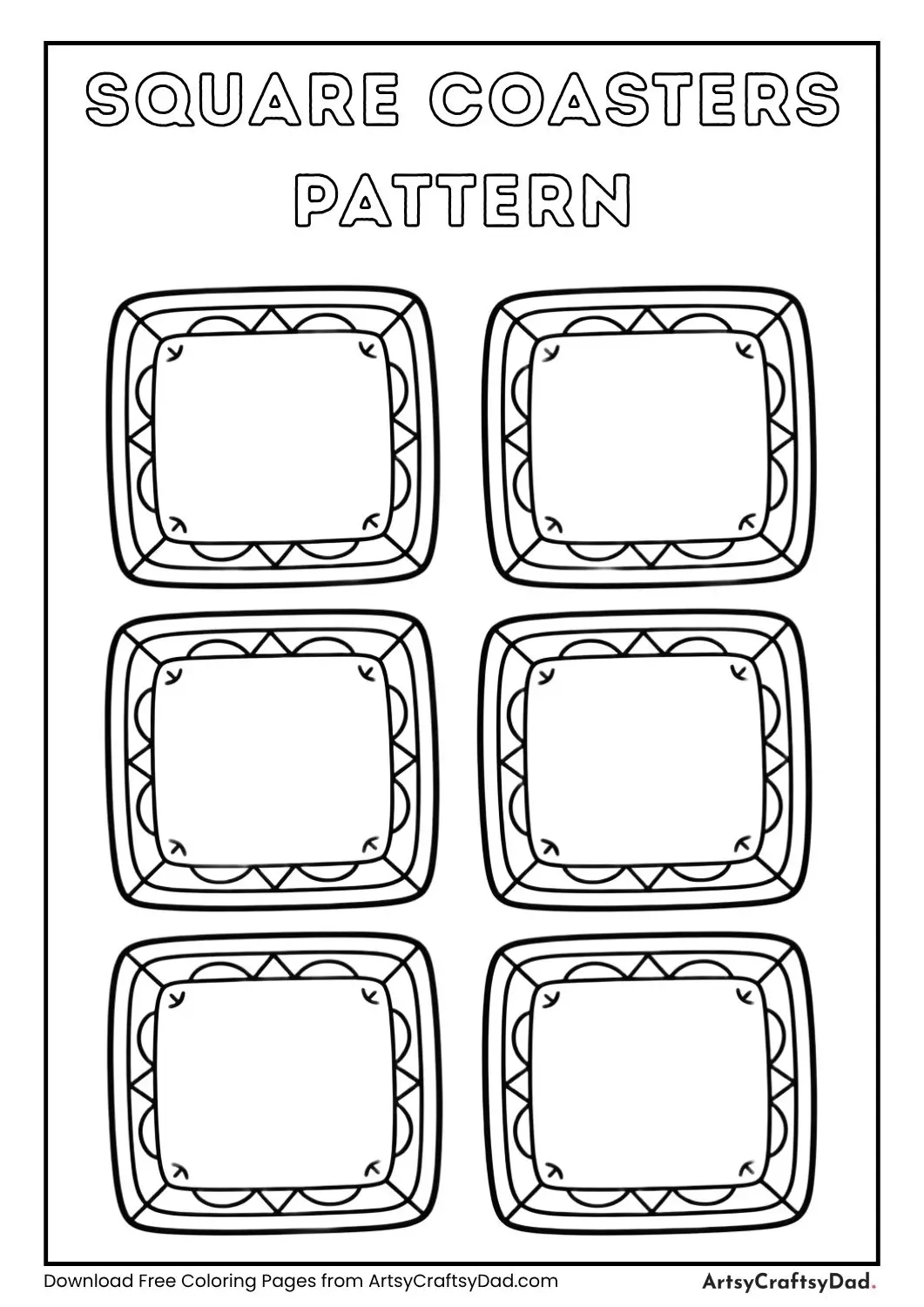 Four square coasters placed on a table with different patterns coloring page