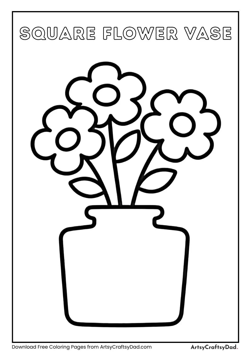 Square flower vase coloring page with simple flowers for children