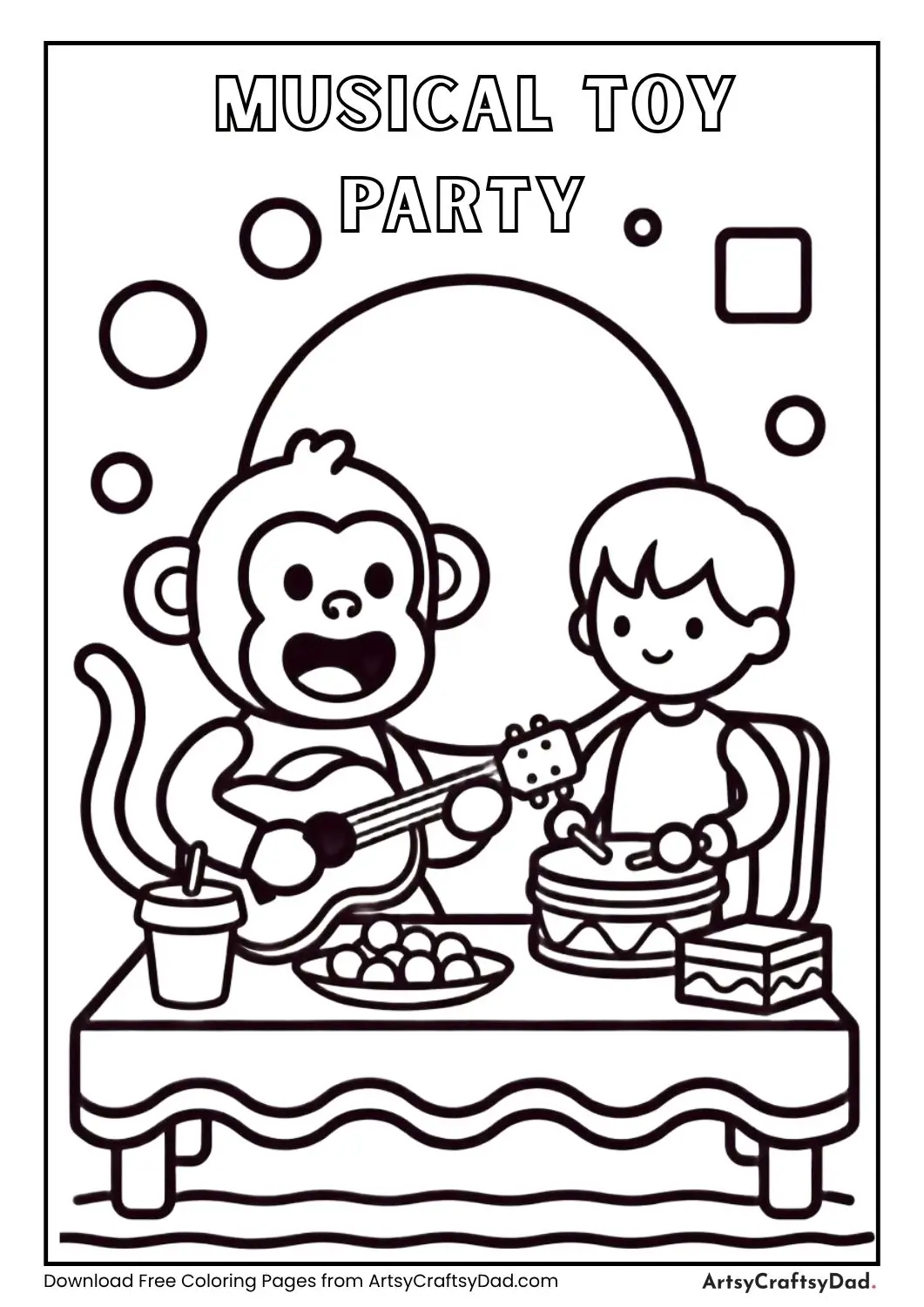 Toy monkey and doll playing music coloring page