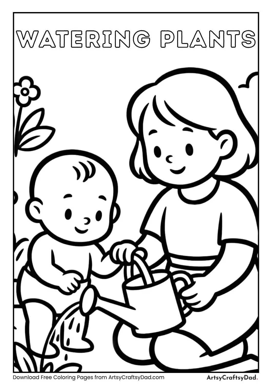 Baby teaching adult watering plants coloring page