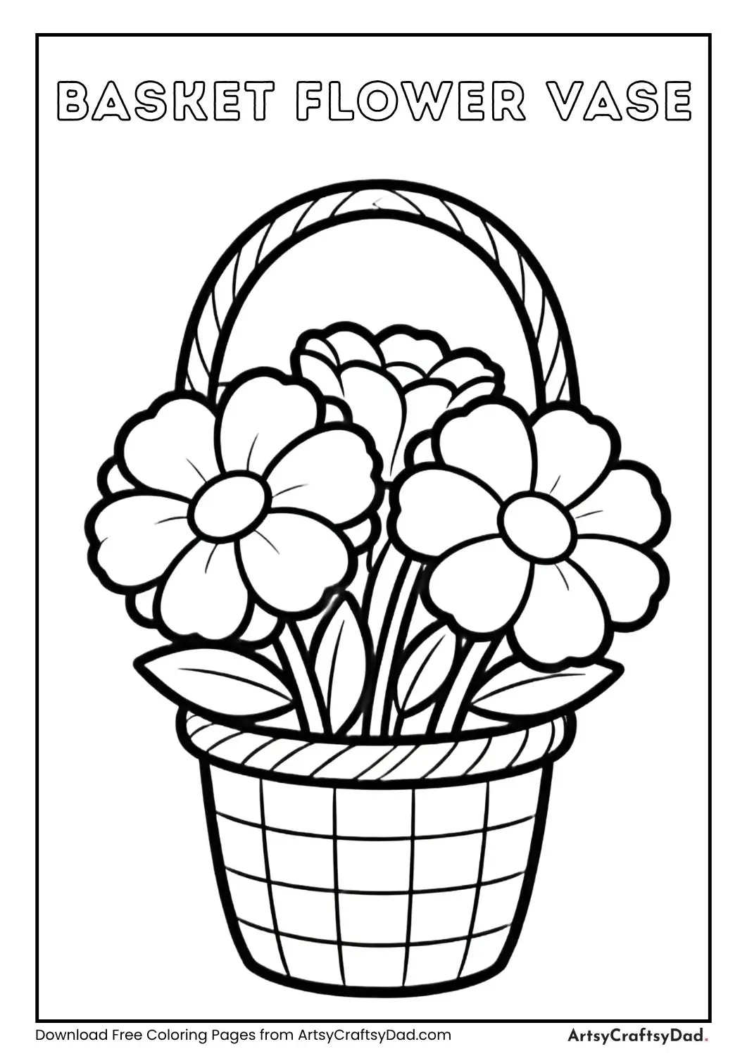 Basket shaped flower vase coloring page with big flowers for kids