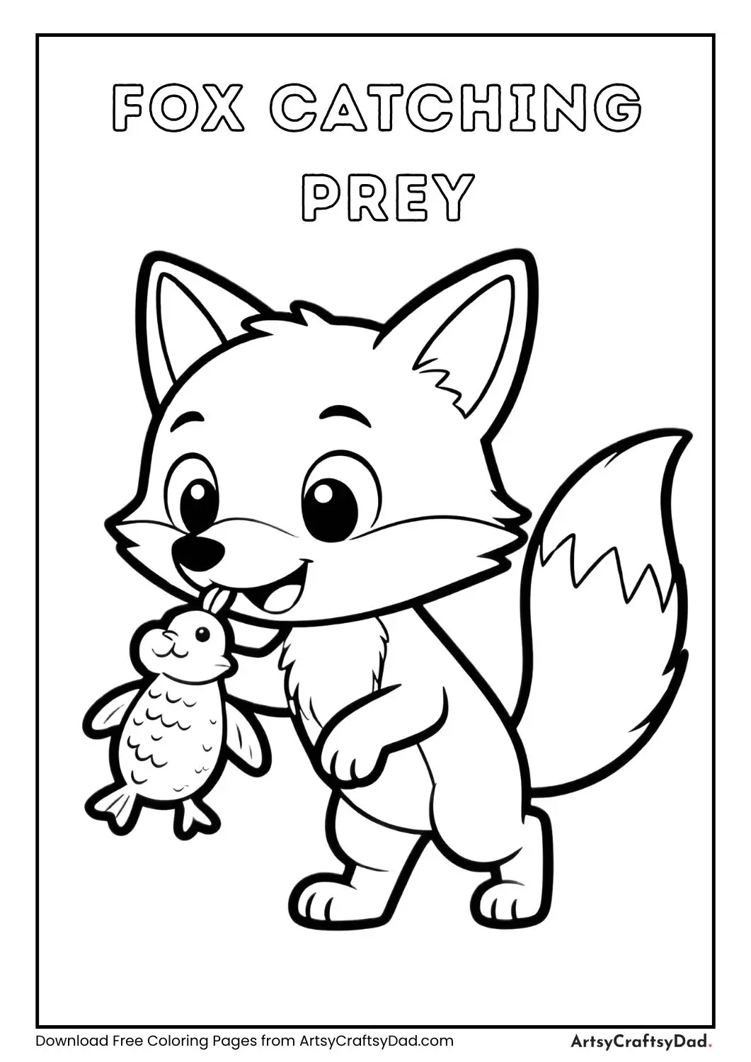 Cartoon fox catching small prey simple coloring page