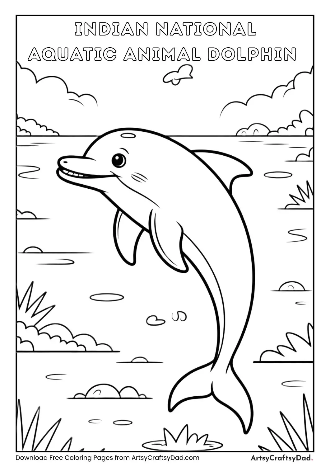 Ganges river dolphin black and white coloring page Indian national aquatic animal for kids