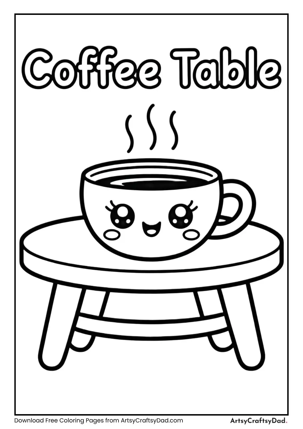 Cute kawaii coffee table black and white coloring page with label COFFEE TABLE