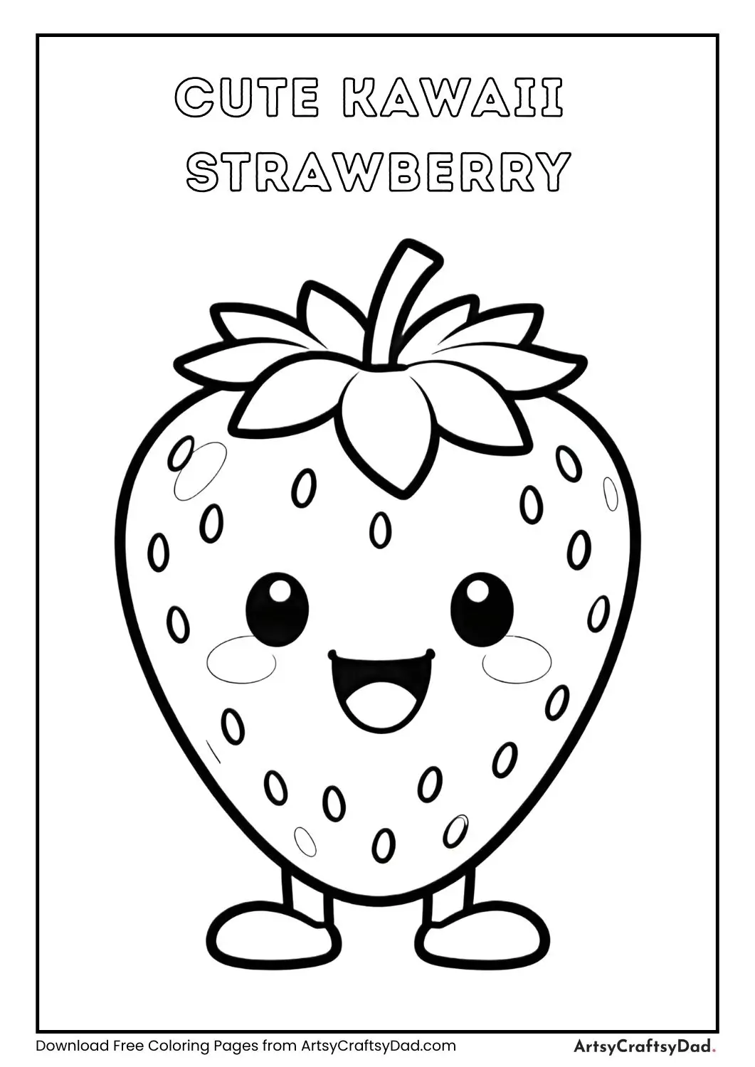 Cute kawaii strawberry character coloring page with smiling face and leafy top