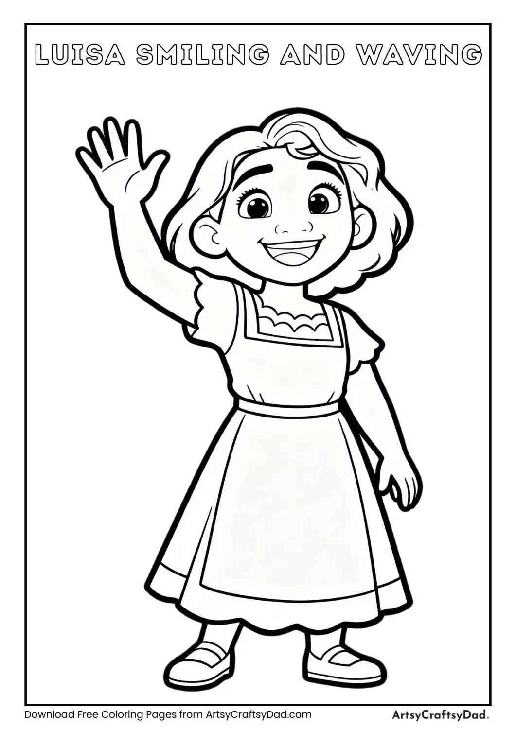 Luisa Madrigal waving happily, black-and-white coloring page for children.