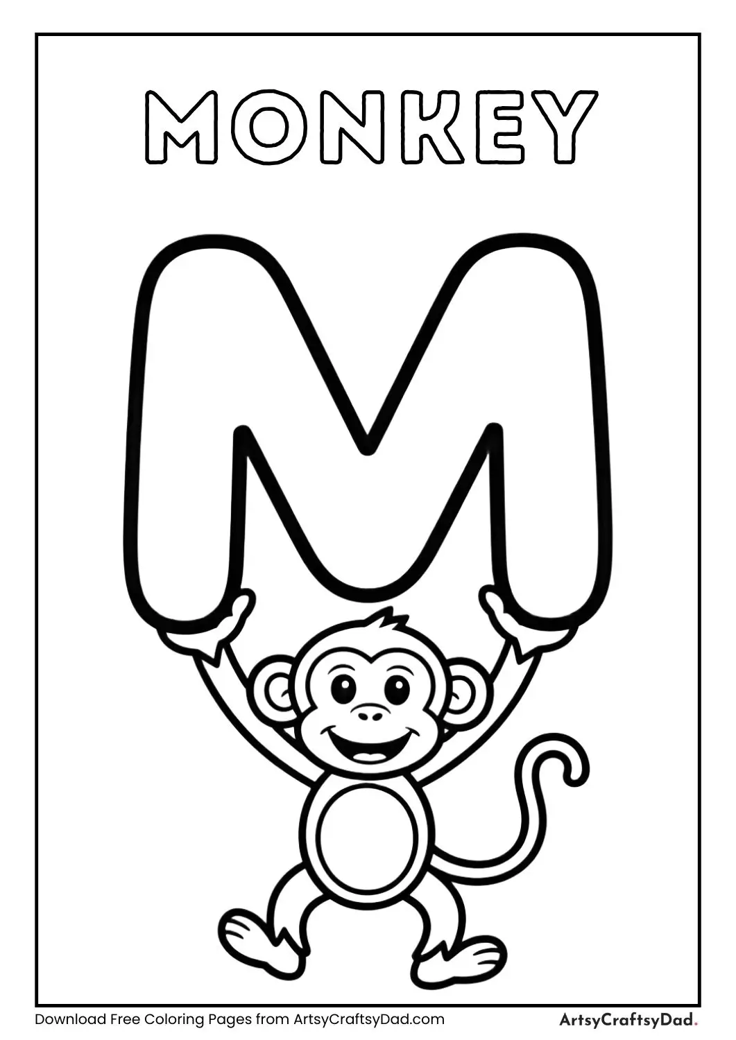 Monkey hanging on letter M coloring page