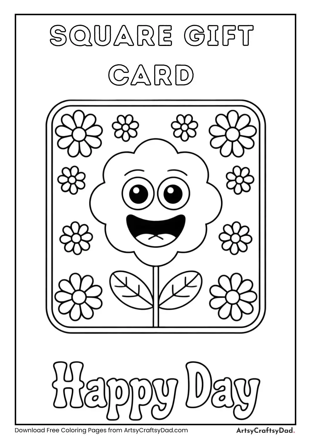 Square greeting card with flower design and Happy Day text coloring page