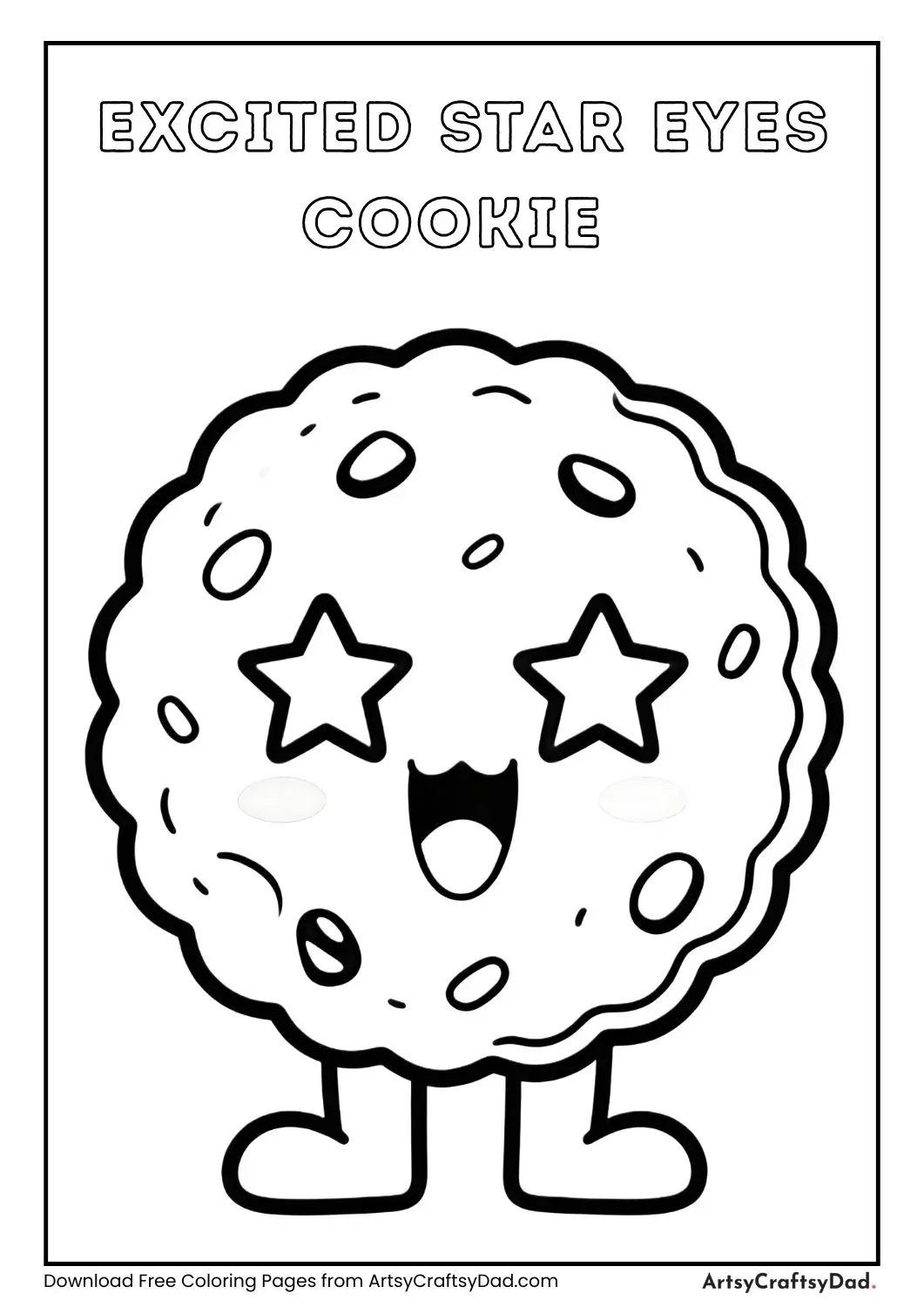 Cute cookie with star-shaped eyes and excited expression, kids coloring page.