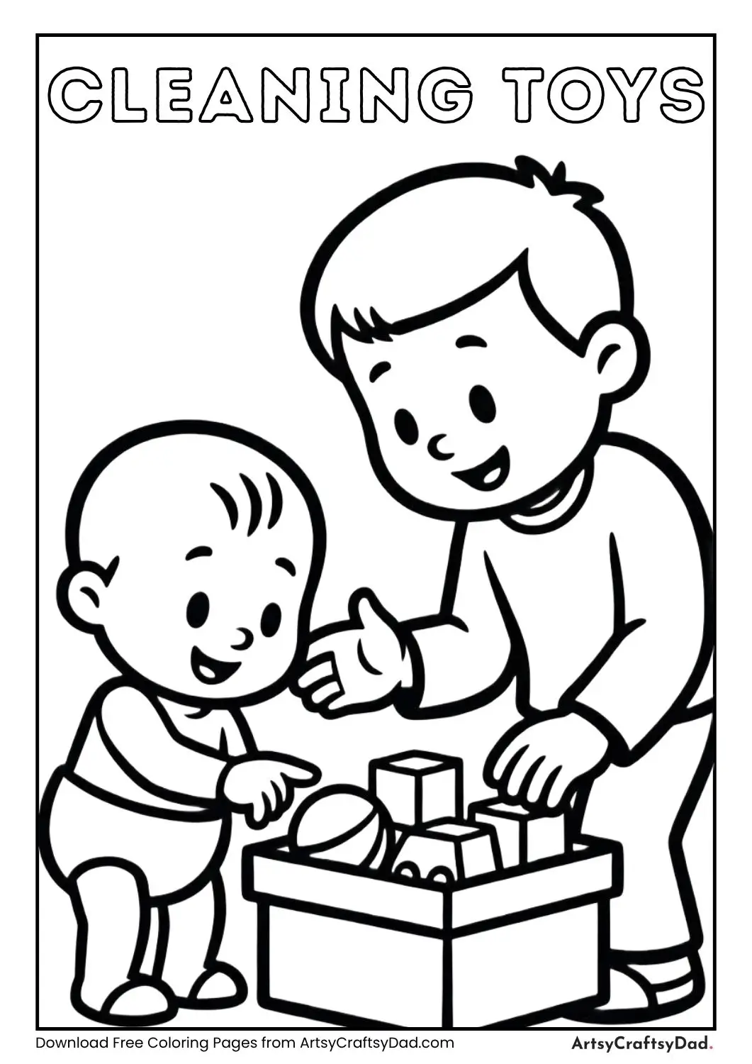 Baby teaching adult cleaning toys coloring page