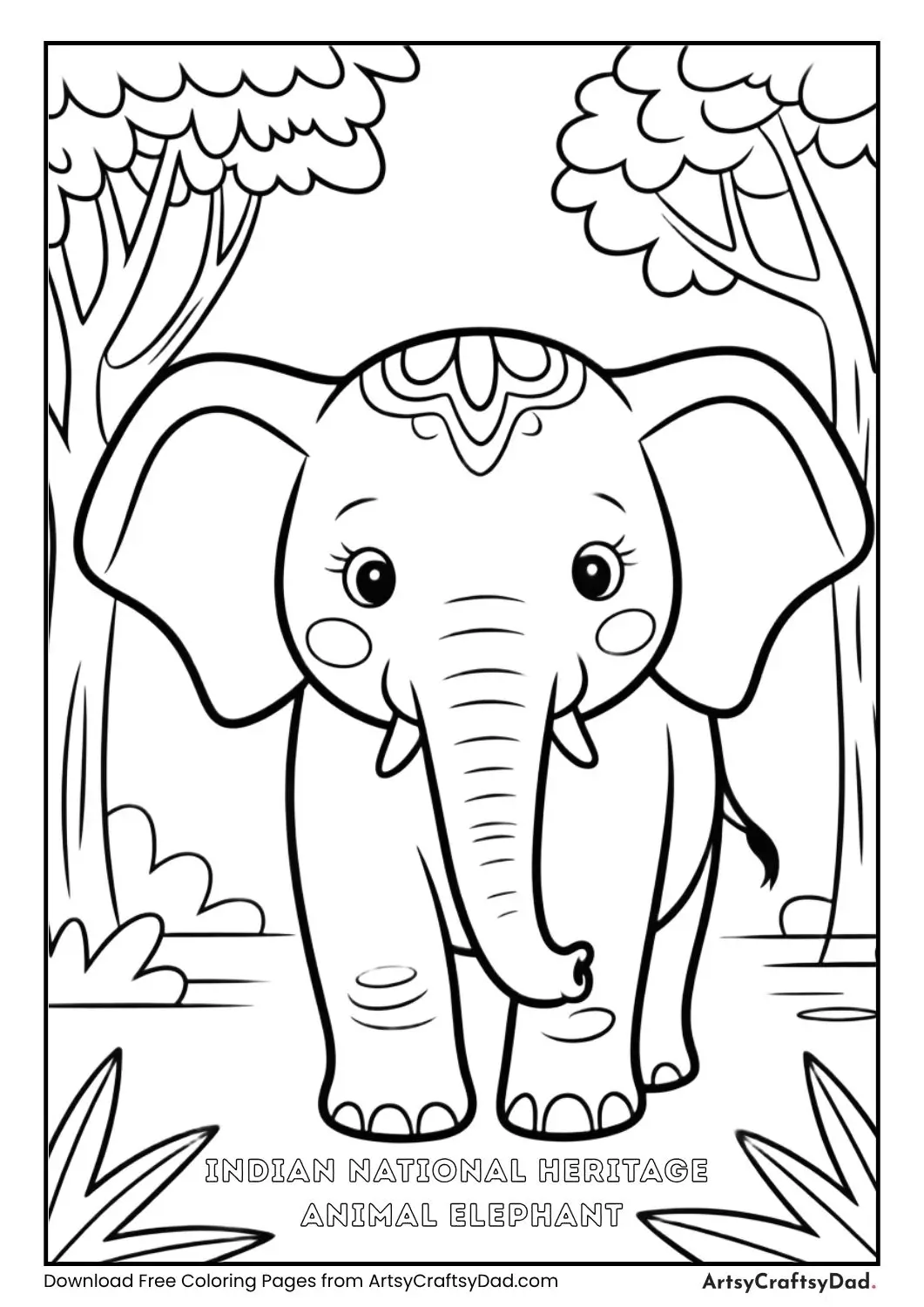 Indian elephant black and white coloring page national heritage animal of India for kids