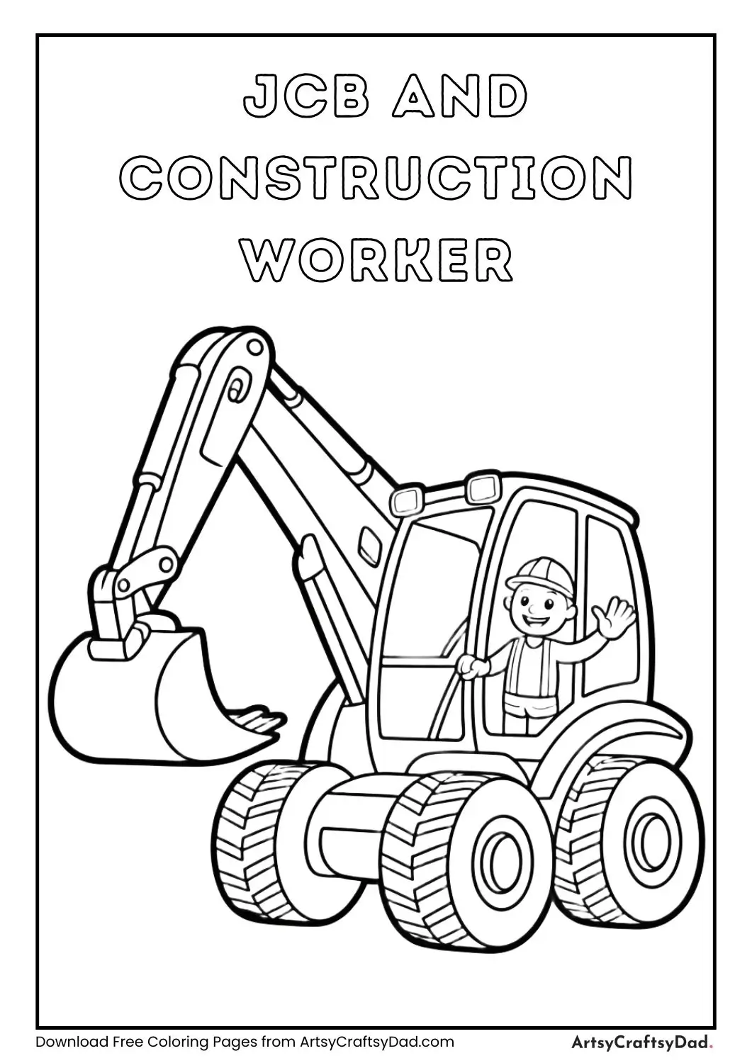 Cartoon JCB digger with construction worker waving coloring page