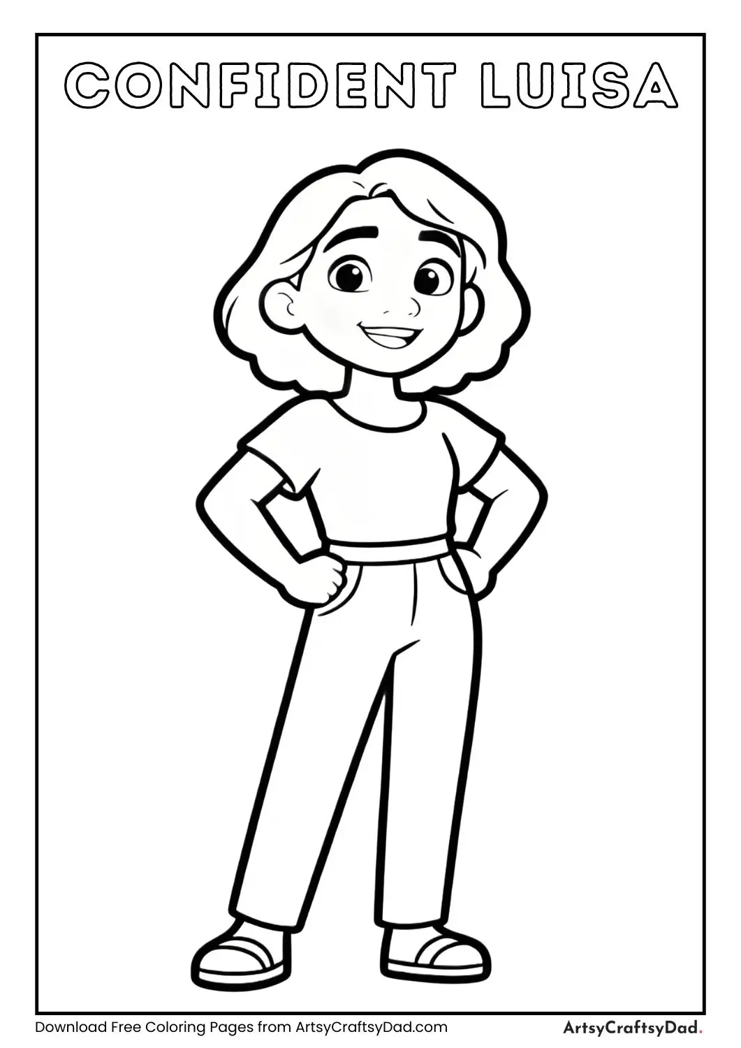 Luisa Madrigal standing confidently, black-and-white outlines for easy coloring.