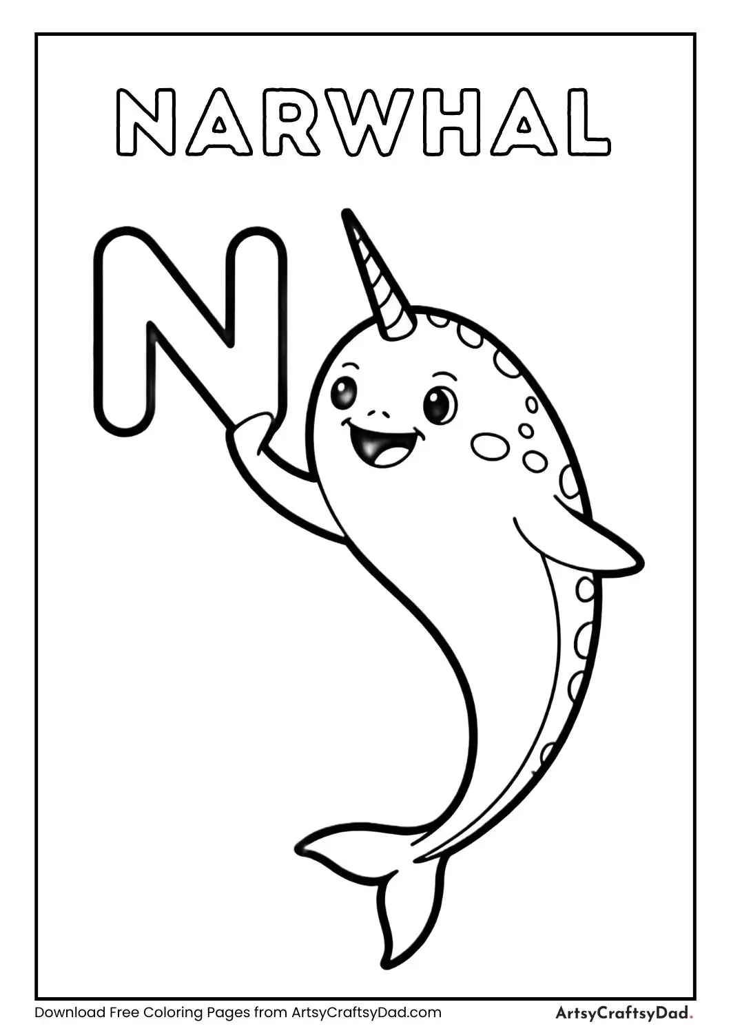 Narwhal holding letter N coloring page