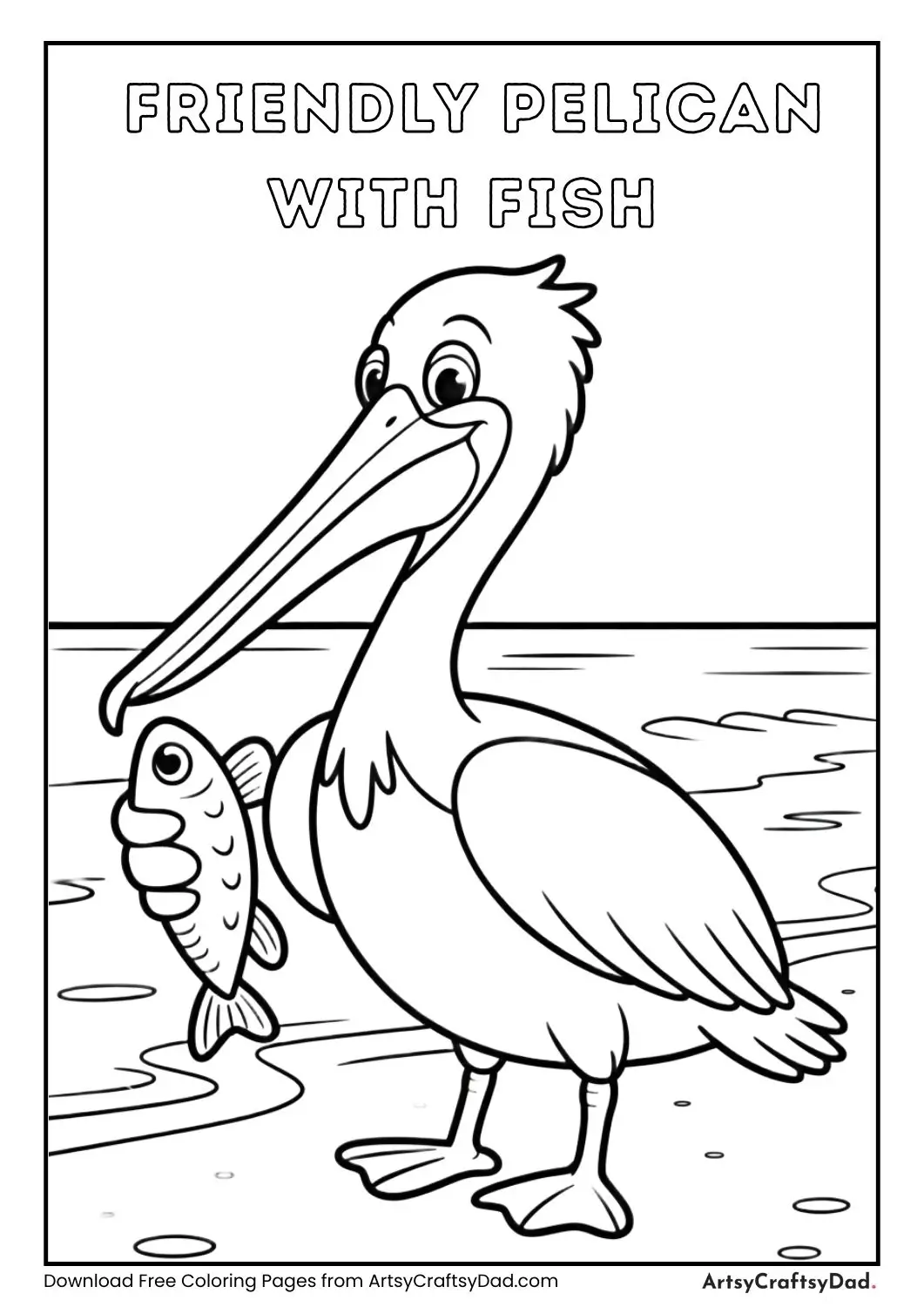 cartoon pelican standing on beach holding fish coloring page