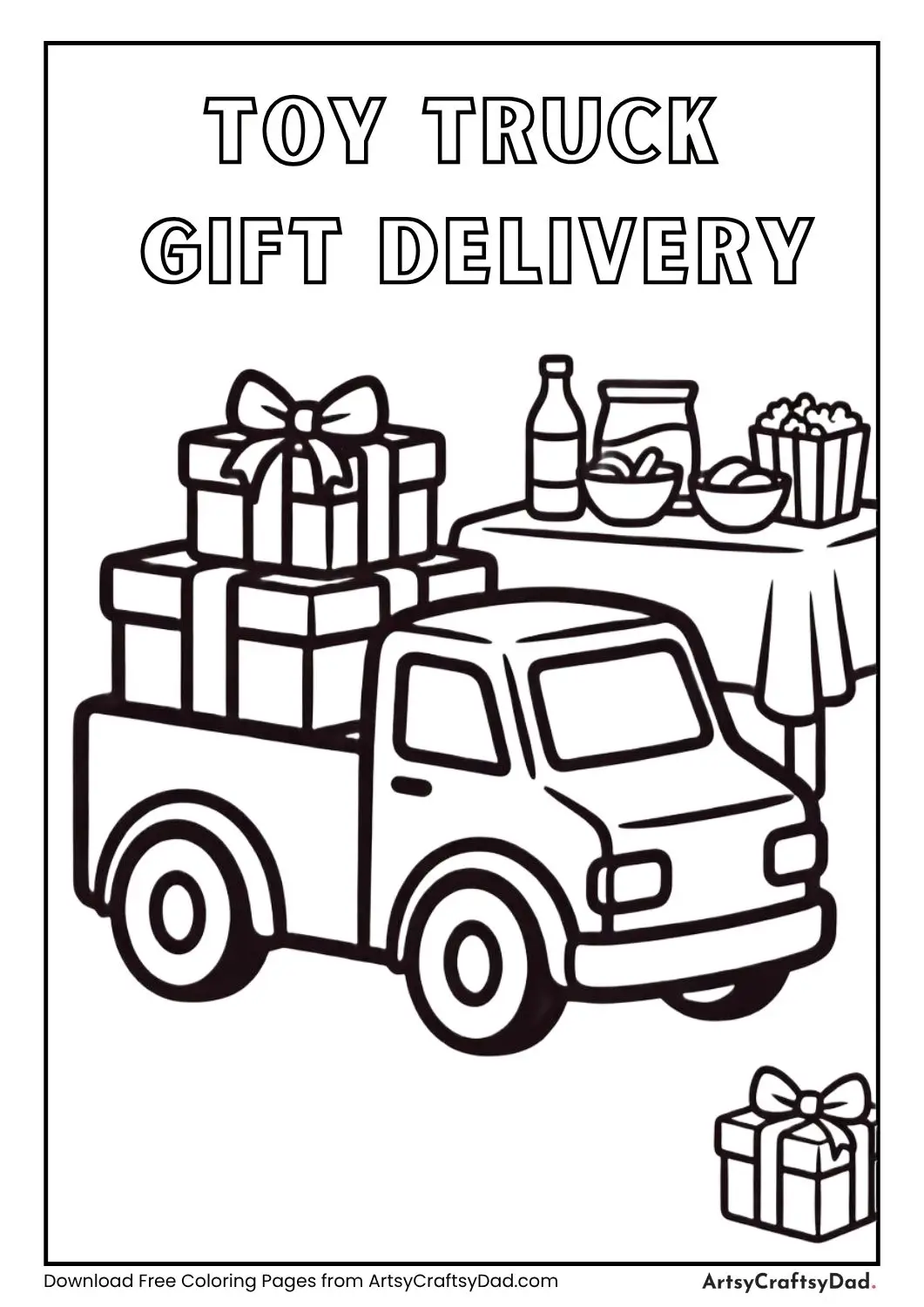 Toy truck delivering presents coloring page