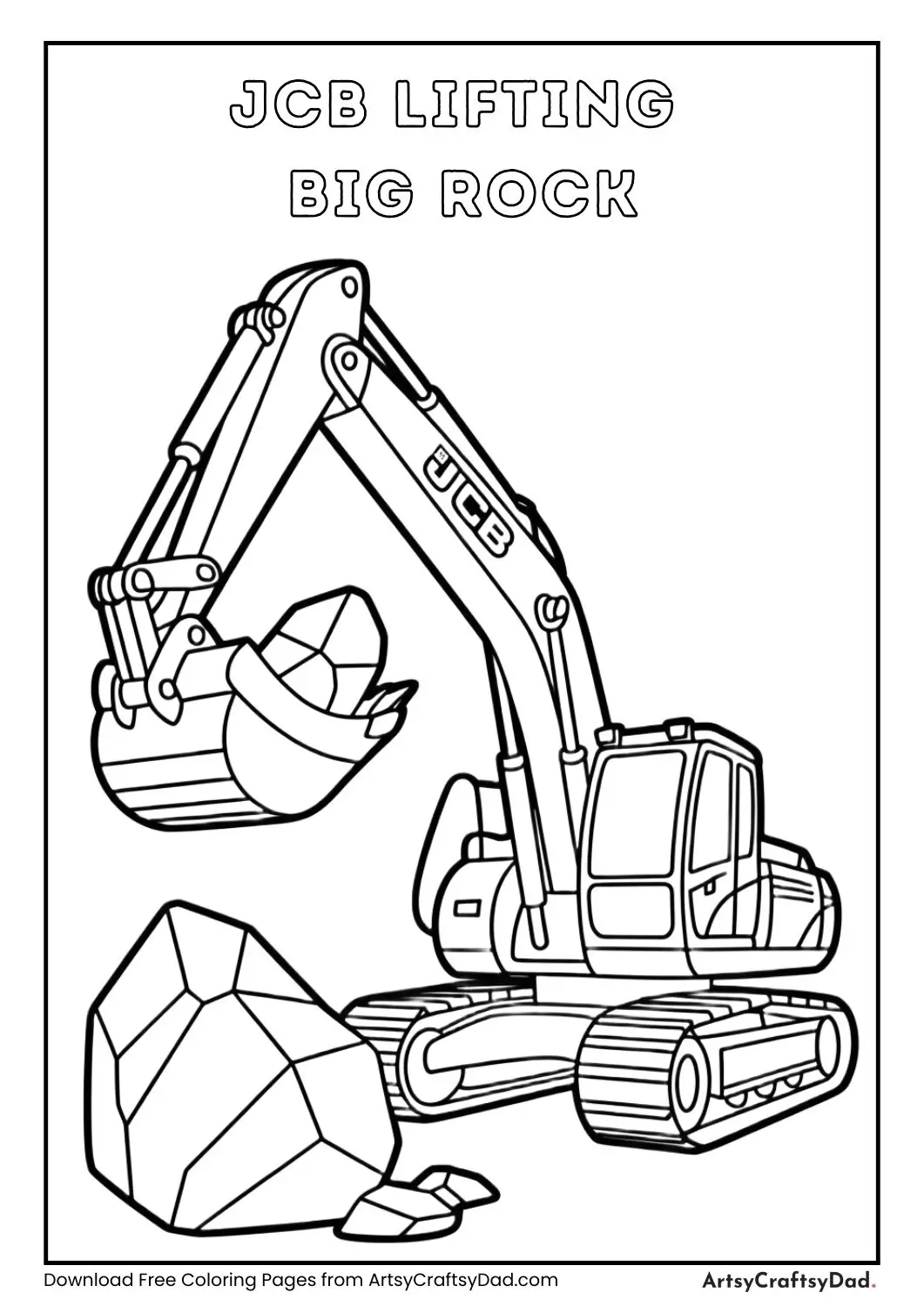 JCB excavator lifting a large rock black and white coloring page