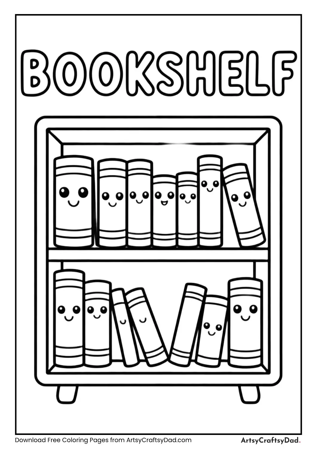 Cute kawaii bookshelf black and white coloring page with label BOOKSHELF
