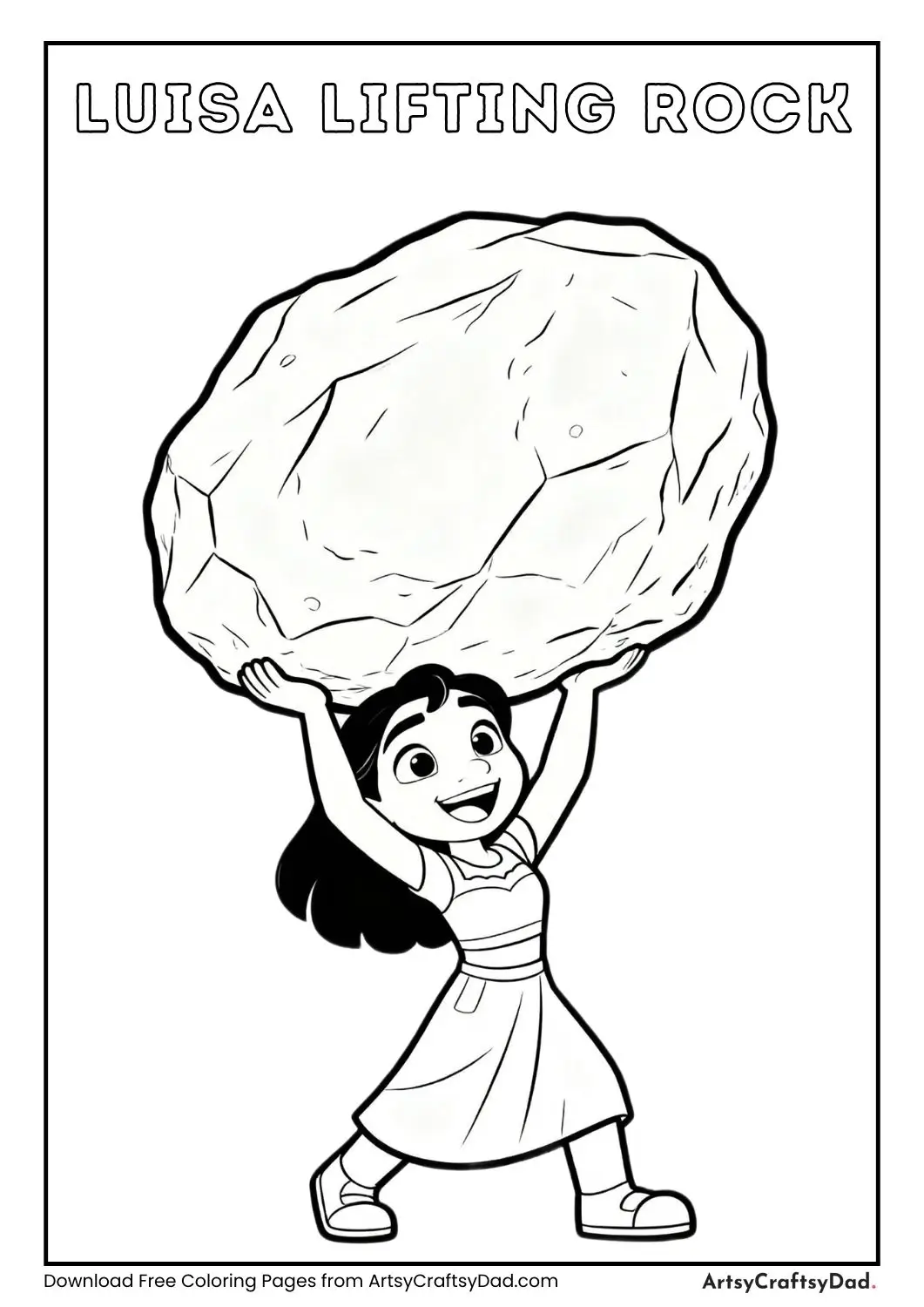 Luisa Madrigal lifting a giant rock, simple black-and-white coloring page.