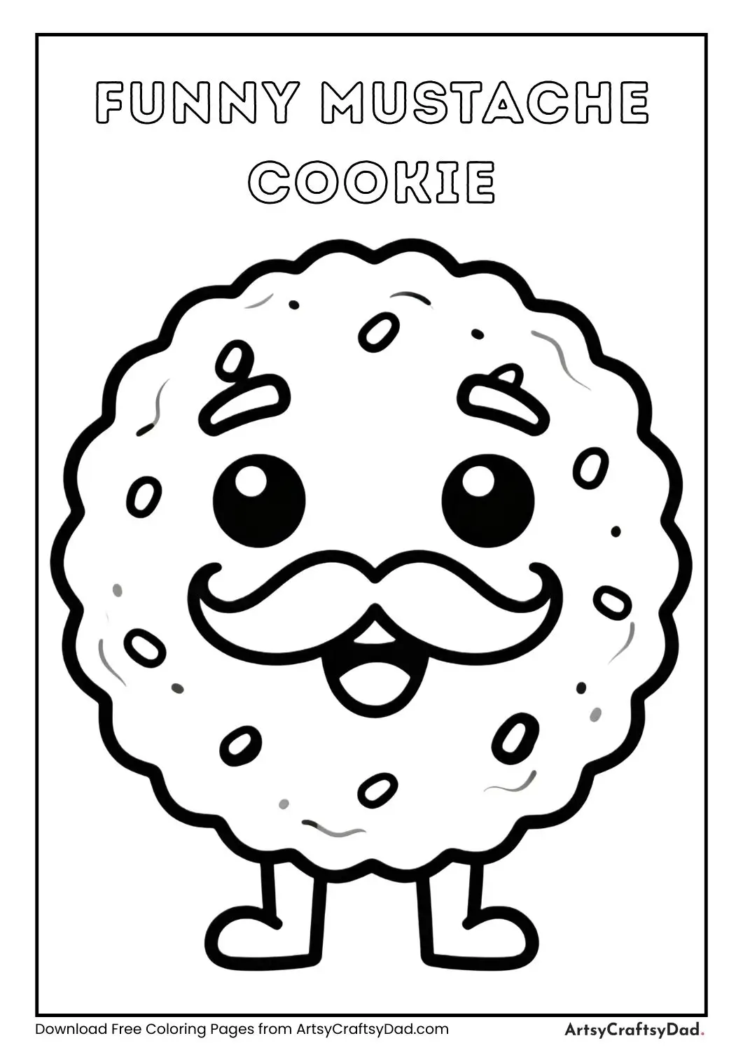 Cartoon cookie with a big mustache and smiling face, simple black and white coloring page.