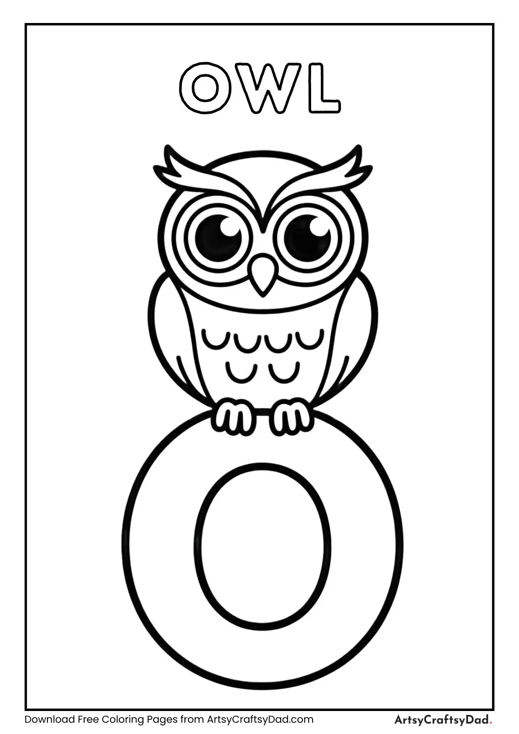 Owl sitting on letter O coloring page