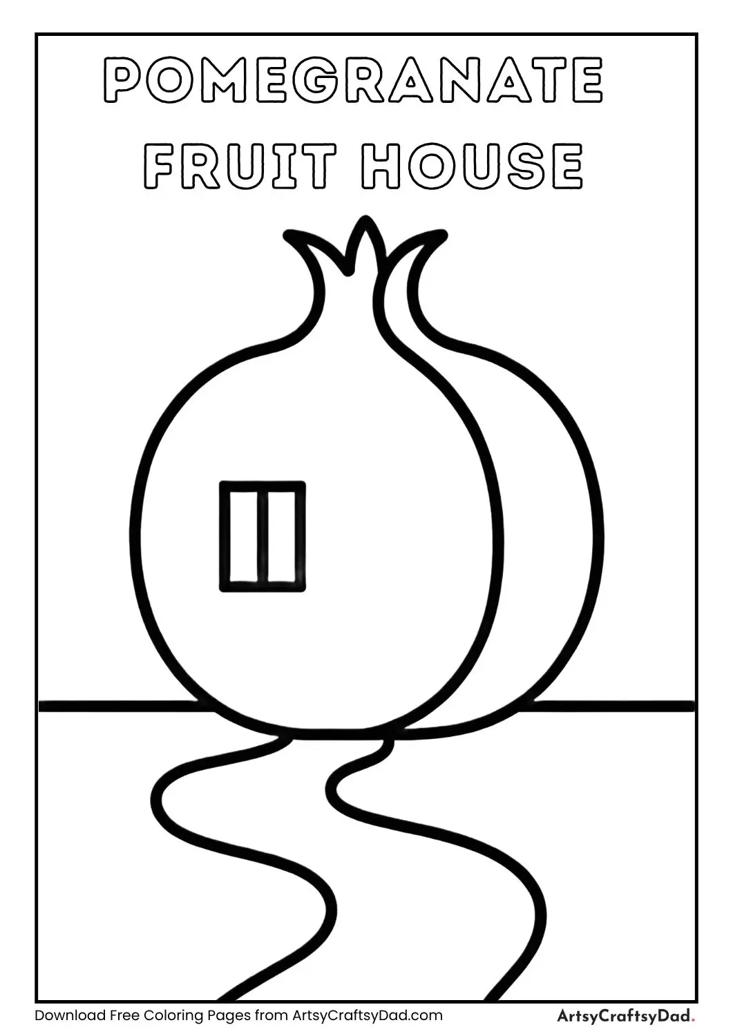 Black and white pomegranate shaped house coloring page with simple details