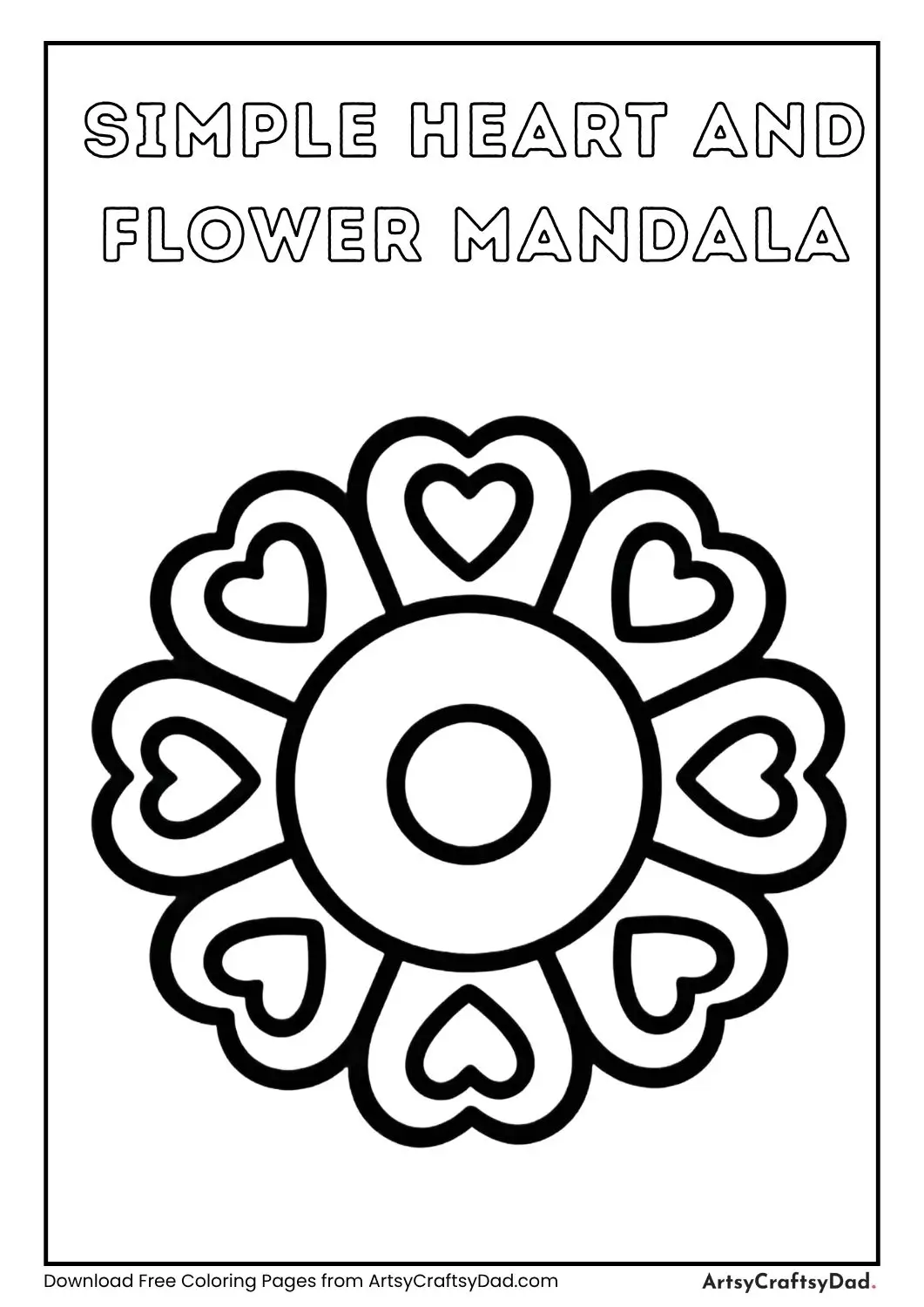 simple heart and flower mandala coloring page with big shapes for children