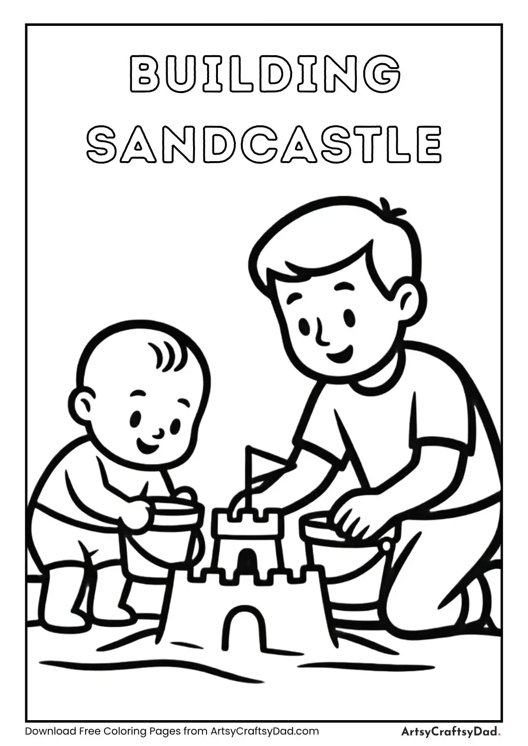 Baby teaching adult building sandcastle coloring page