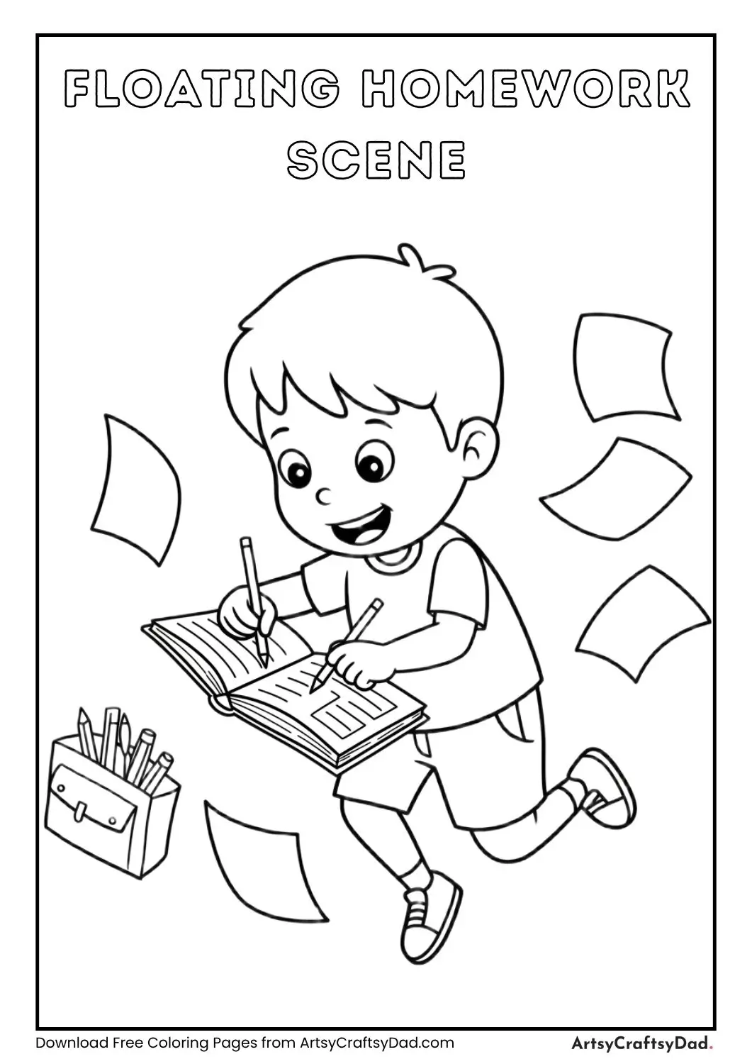 Child doing homework while floating with papers