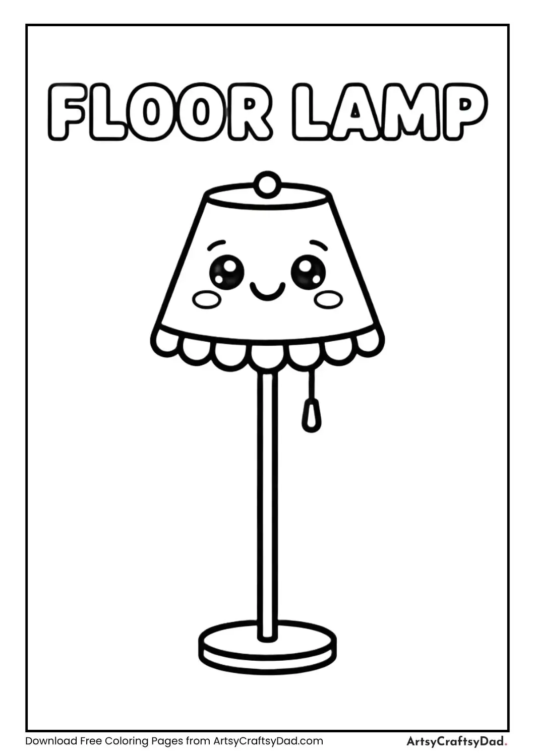 Cute kawaii floor lamp black and white coloring page with label FLOOR LAMP