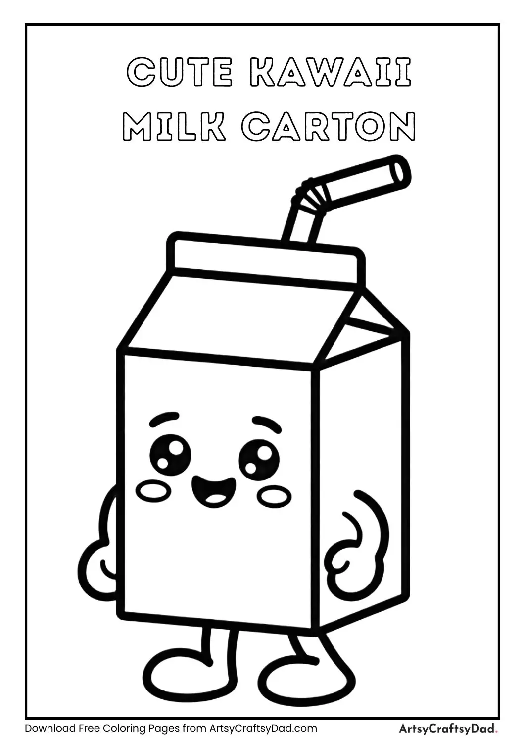 Cute kawaii milk carton character coloring page with straw and smiling face