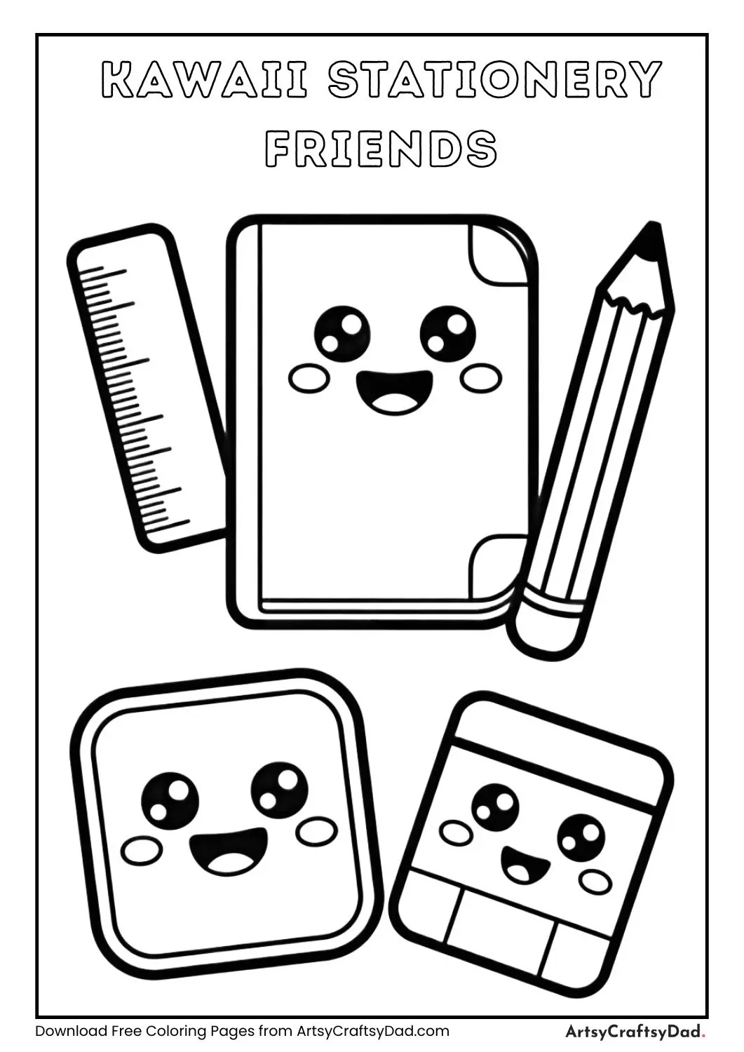 cute kawaii stationery characters pencil ruler eraser and notebook coloring page